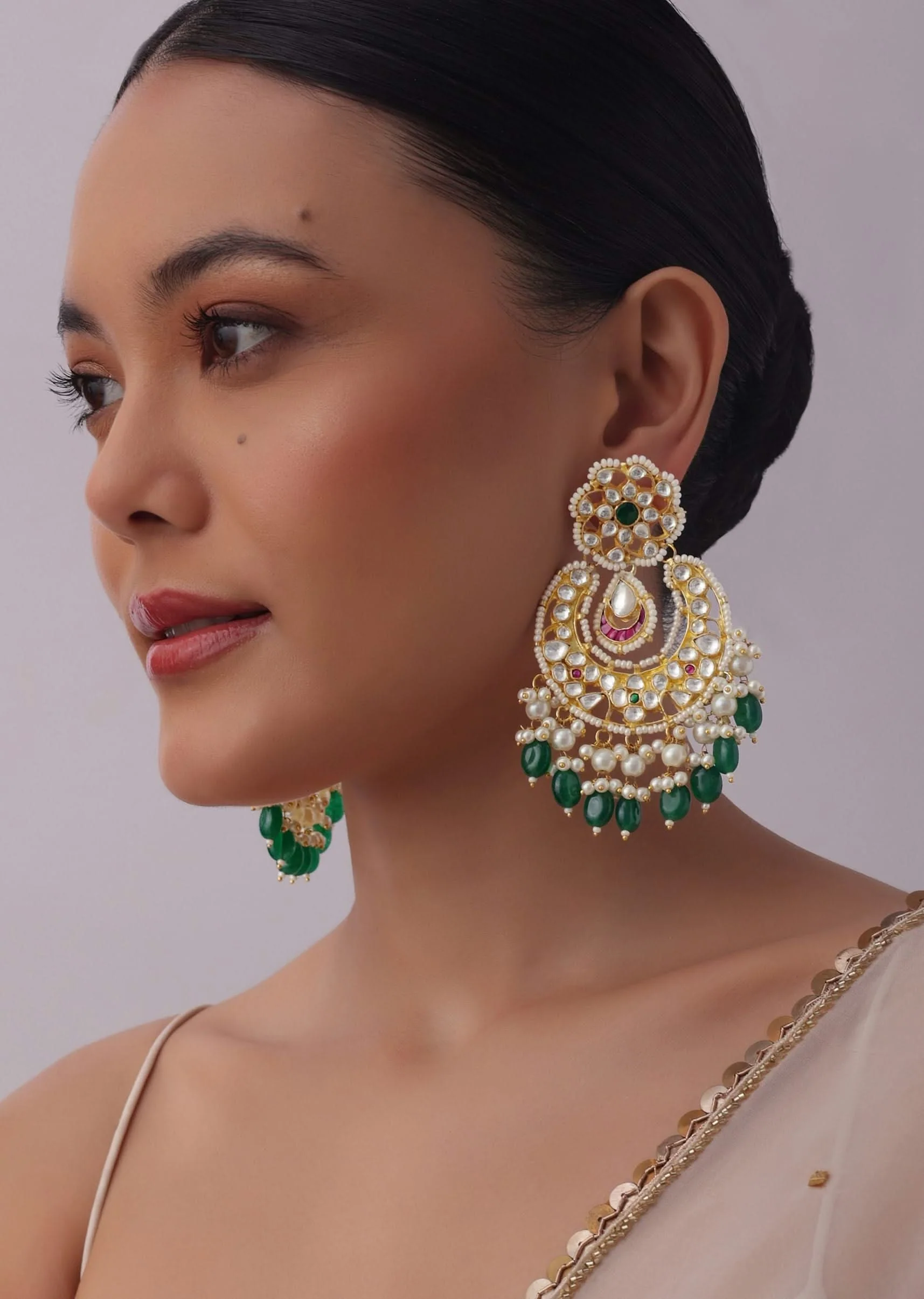Gold Finish Kundan Chandbalis With Green Drops - Image 2