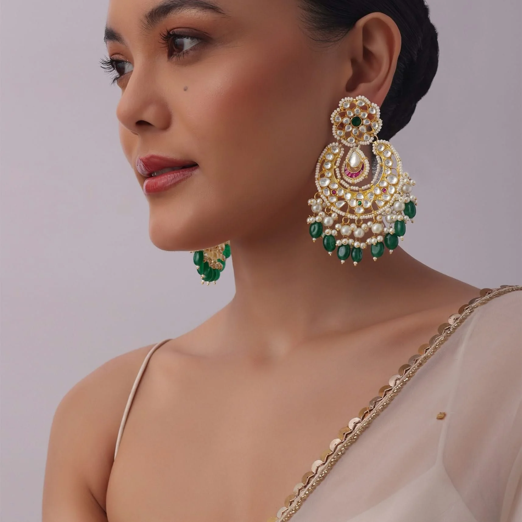 Gold Finish Kundan Chandbalis With Green Drops - Image 3