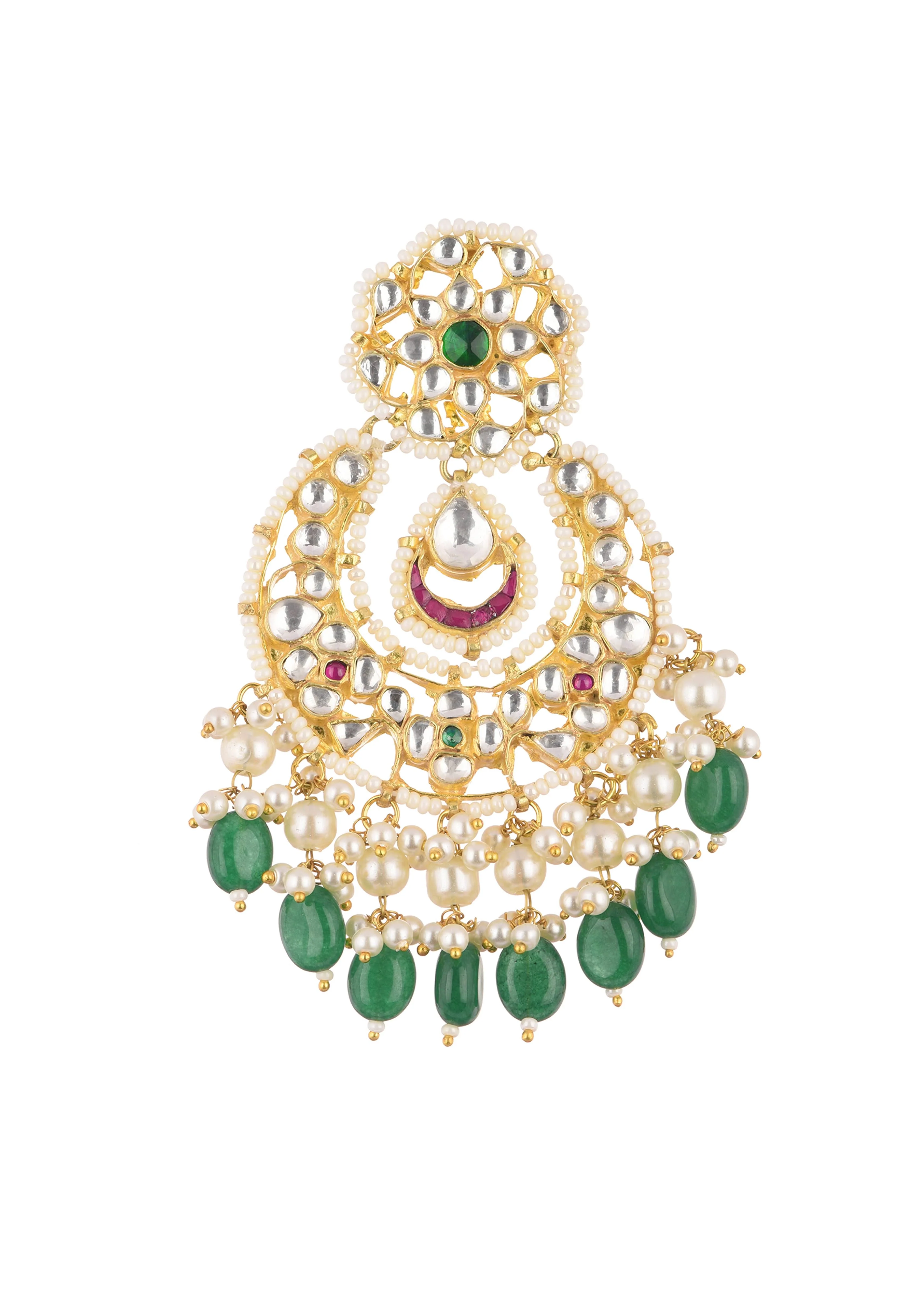 Gold Finish Kundan Chandbalis With Green Drops - Image 4