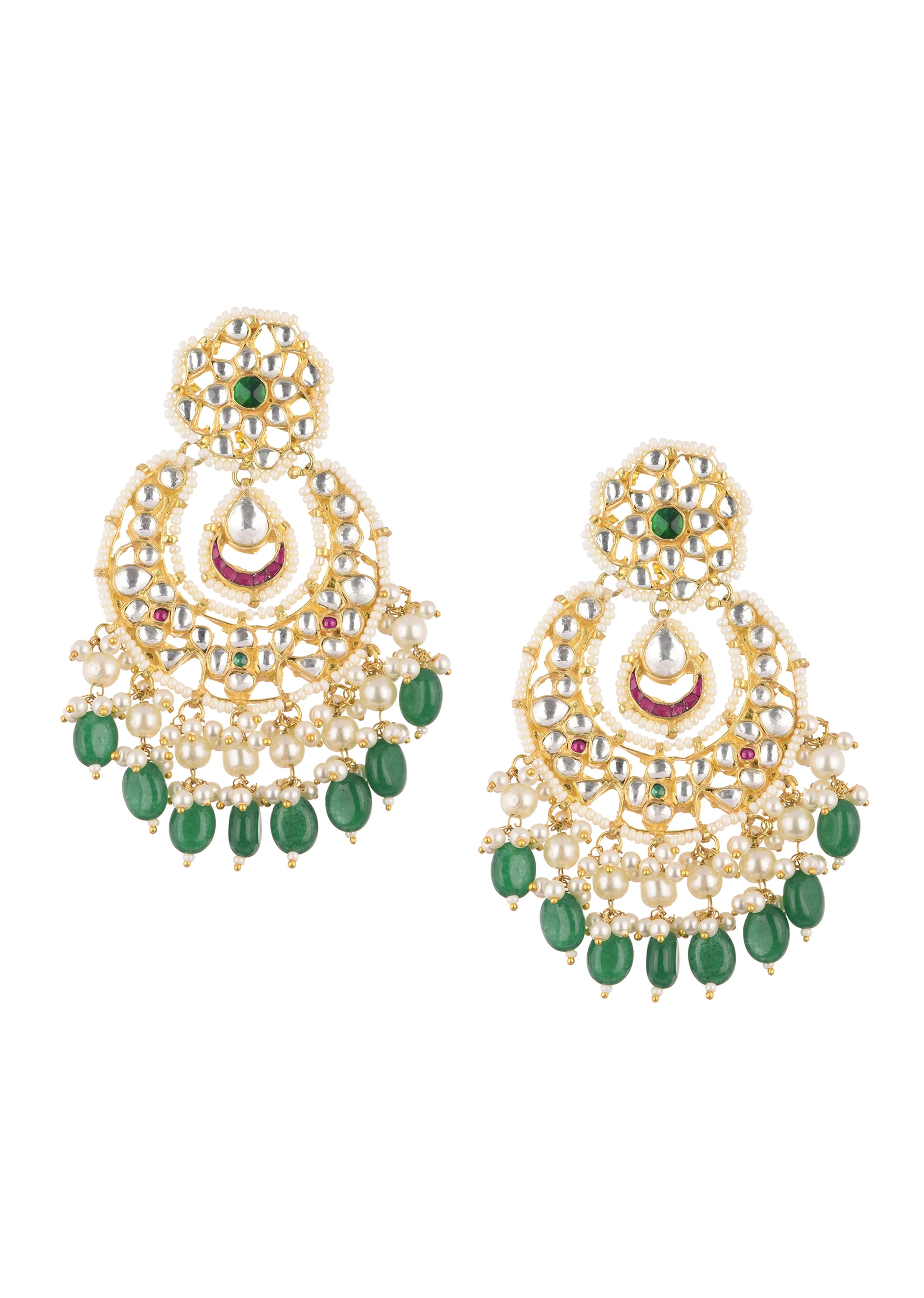 Gold Finish Kundan Chandbalis With Green Drops - Image 6