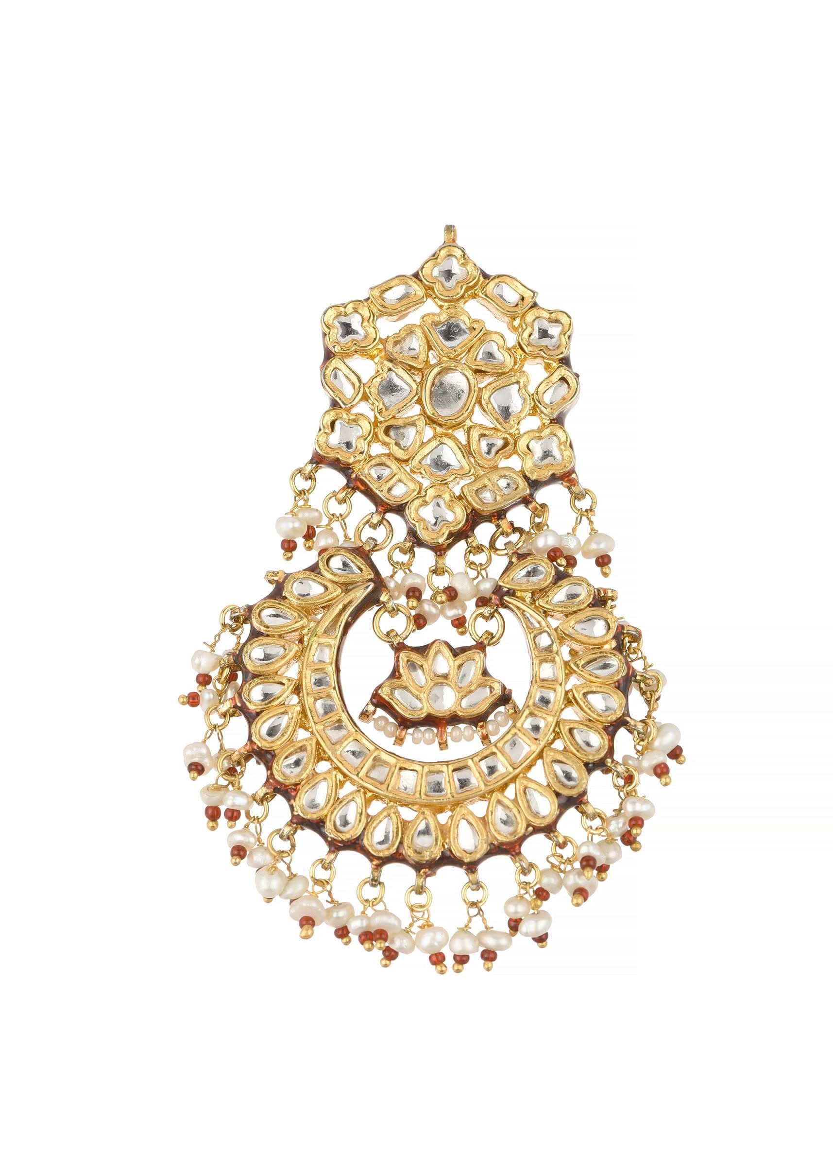 Gold Finish Kundan Chandbalis With Green Drops - Image 8