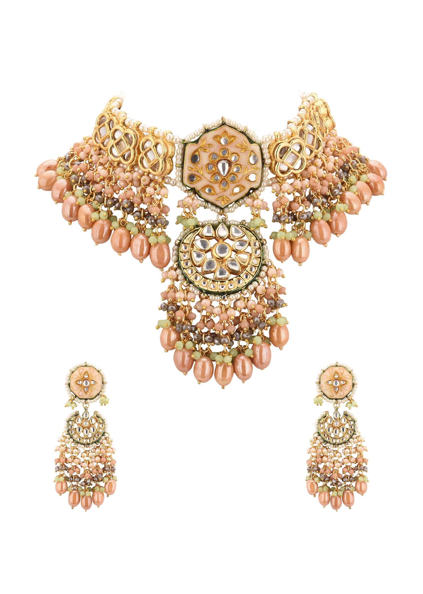 Gold-Finish Kundan Choker Necklace Set With Intricate Colourful Meenakari Work In Mix Metal - Image 4
