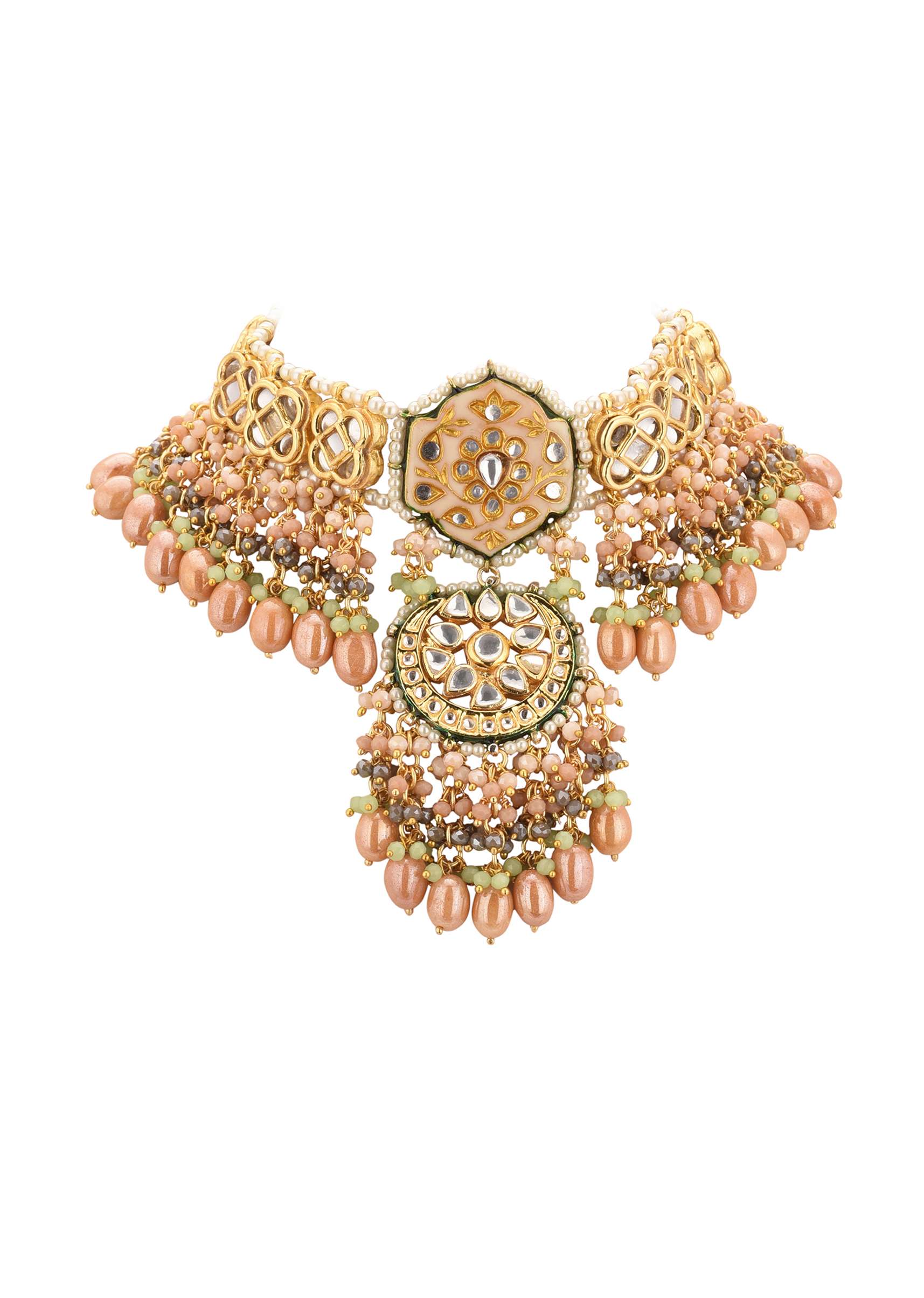Gold-Finish Kundan Choker Necklace Set With Intricate Colourful Meenakari Work In Mix Metal - Image 5