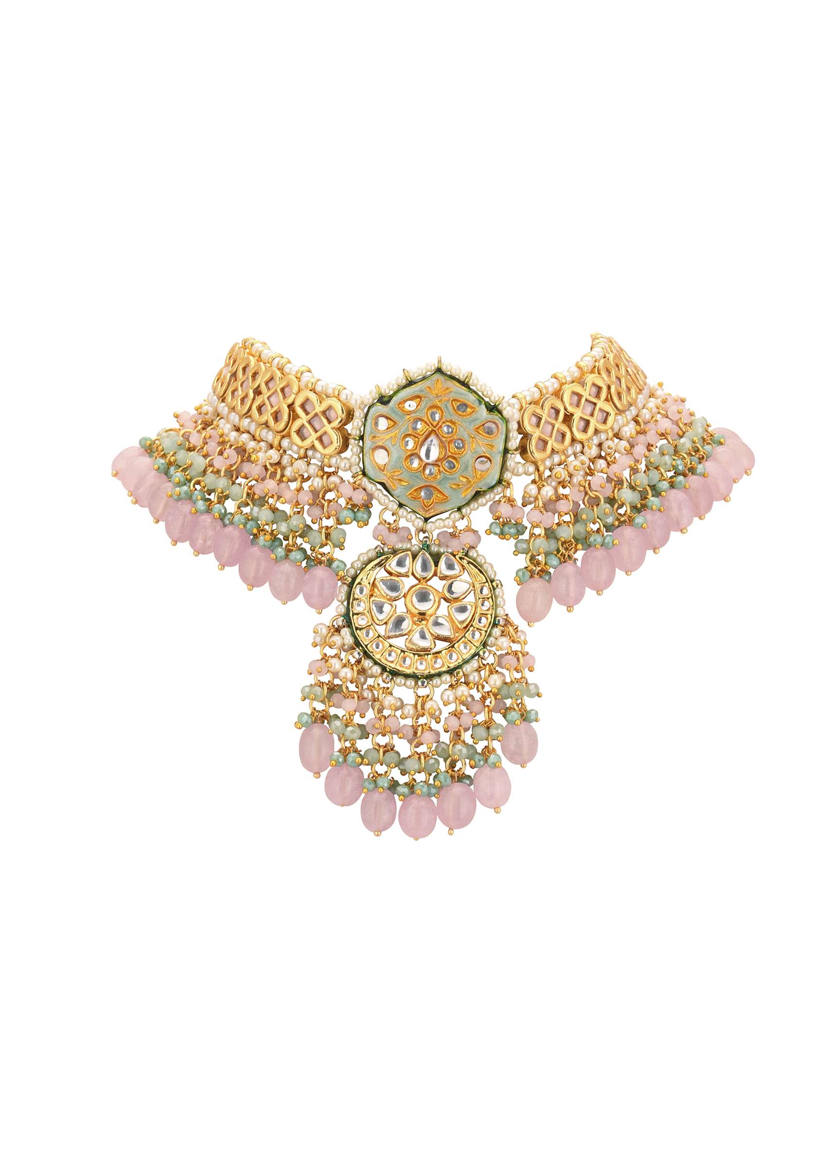 Gold-Finish Kundan Choker Necklace Set With Intricate Work In Mix Metal - Image 5