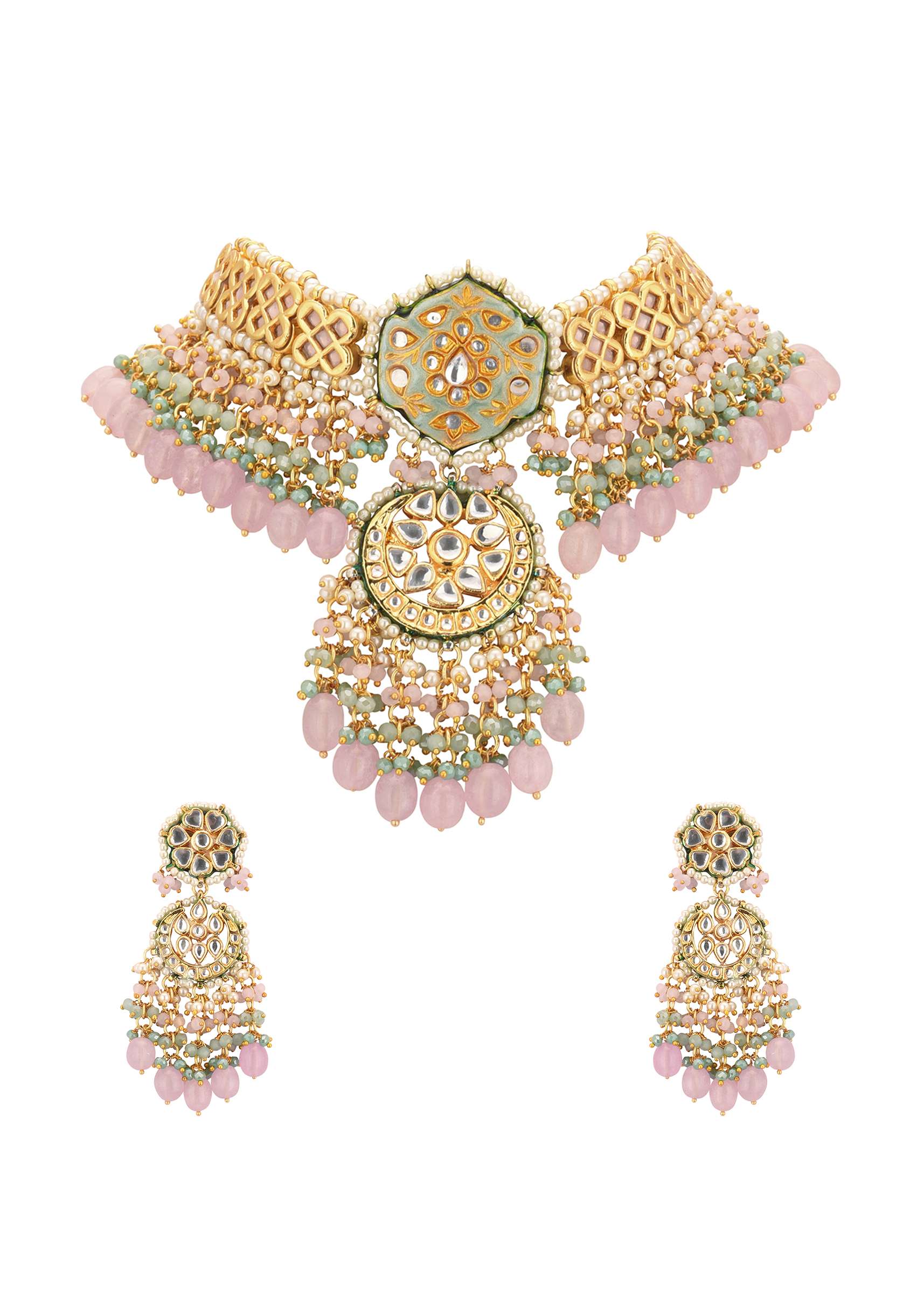 Gold-Finish Kundan Choker Necklace Set With Intricate Work In Mix Metal - Image 7