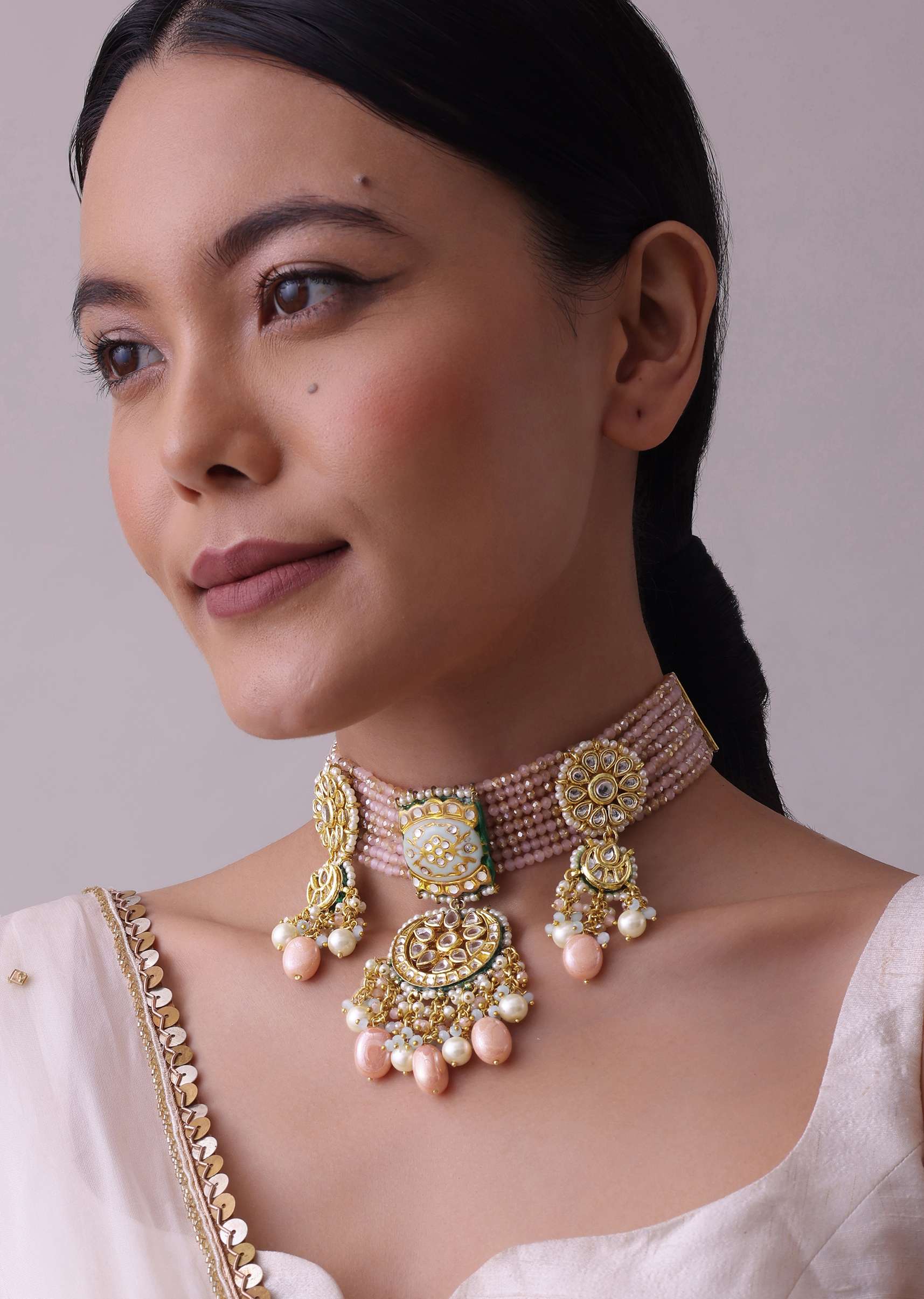 Gold-Finish Kundan Choker Necklace Set With Multicolor Meenakari Work In Mix Metal - Image 3