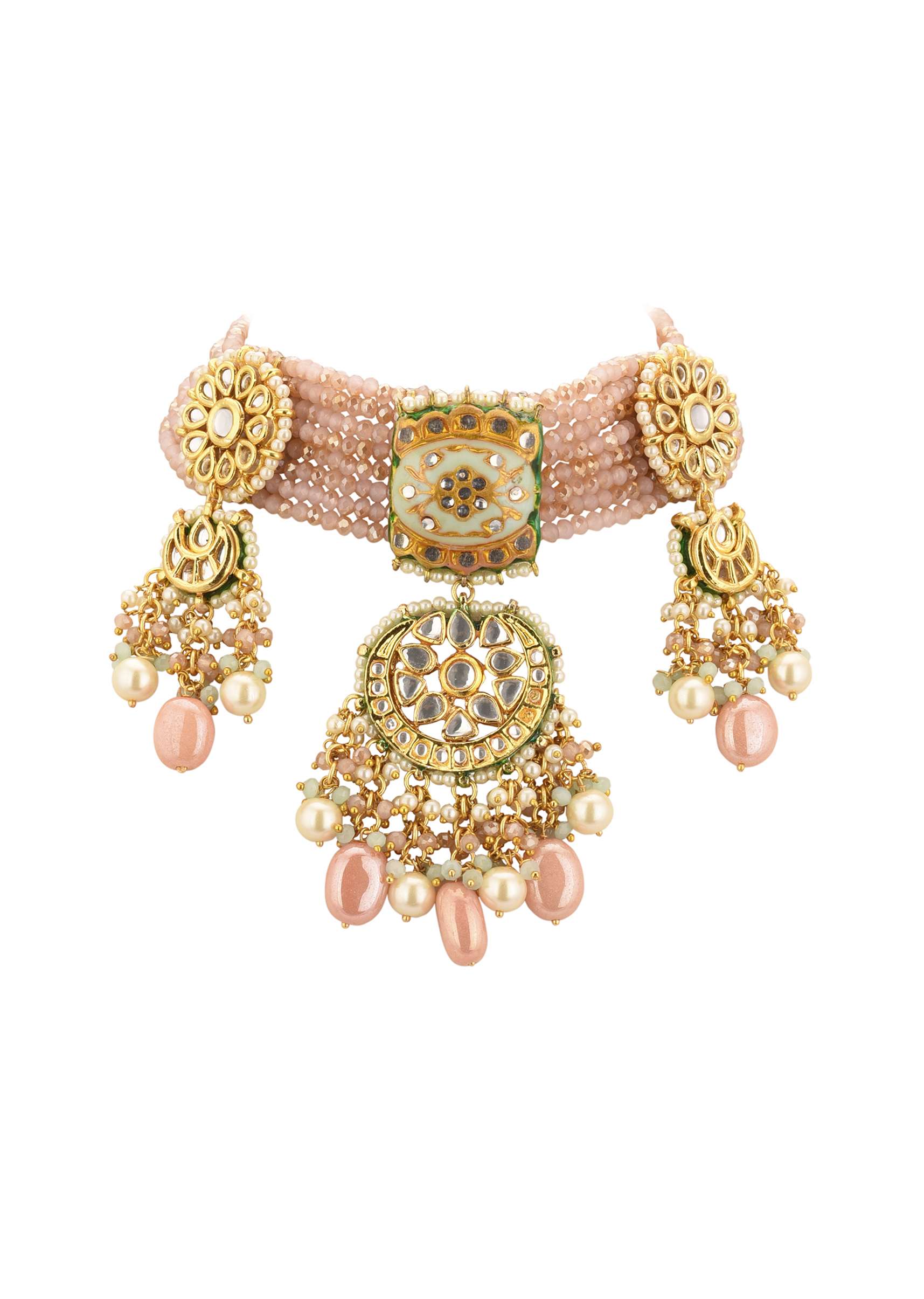 Gold-Finish Kundan Choker Necklace Set With Multicolor Meenakari Work In Mix Metal - Image 8