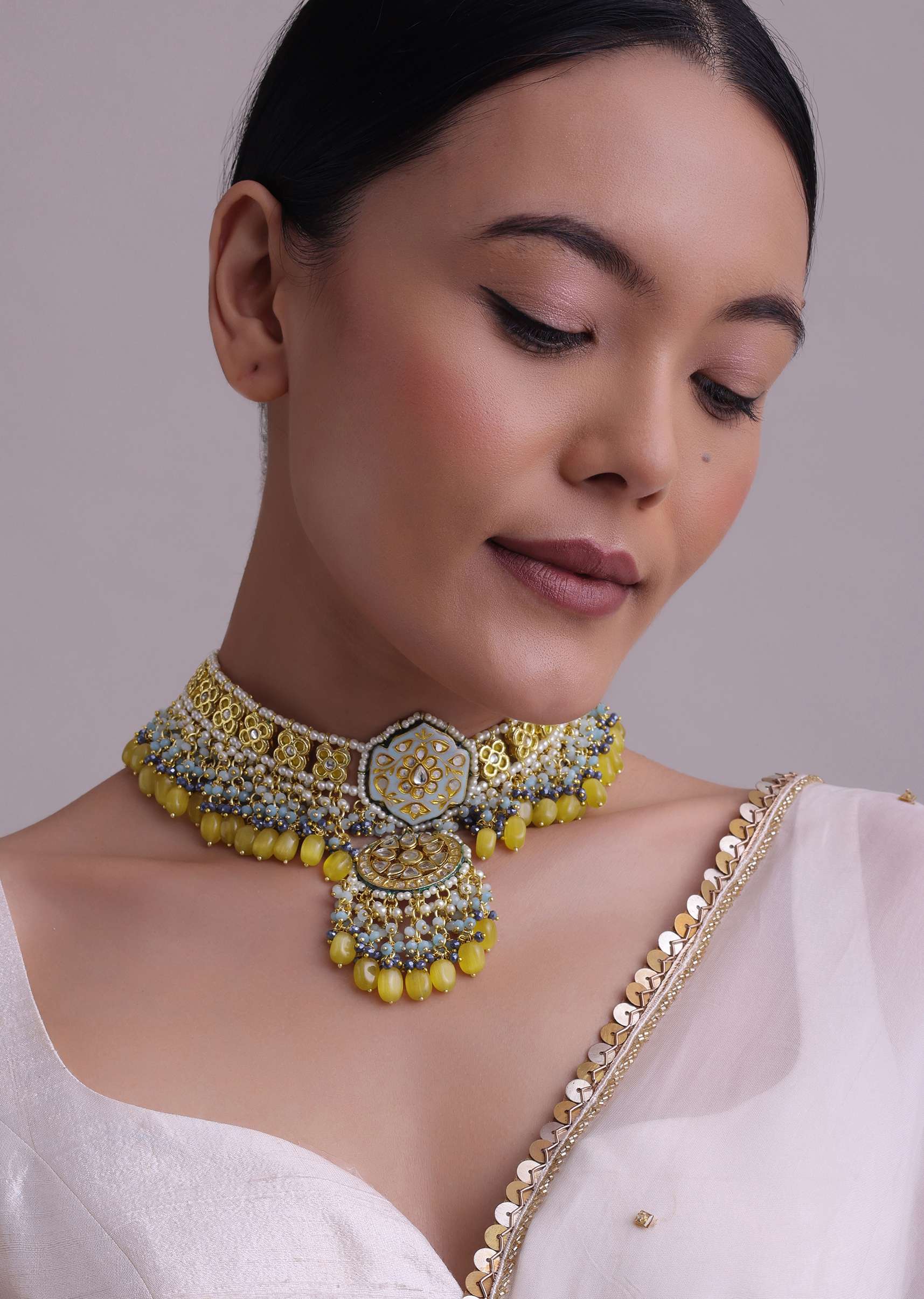 Gold-Finish Kundan Choker Necklace With Colorful Intricate Meenakari Work And Stones In Mix Metal - Image 3