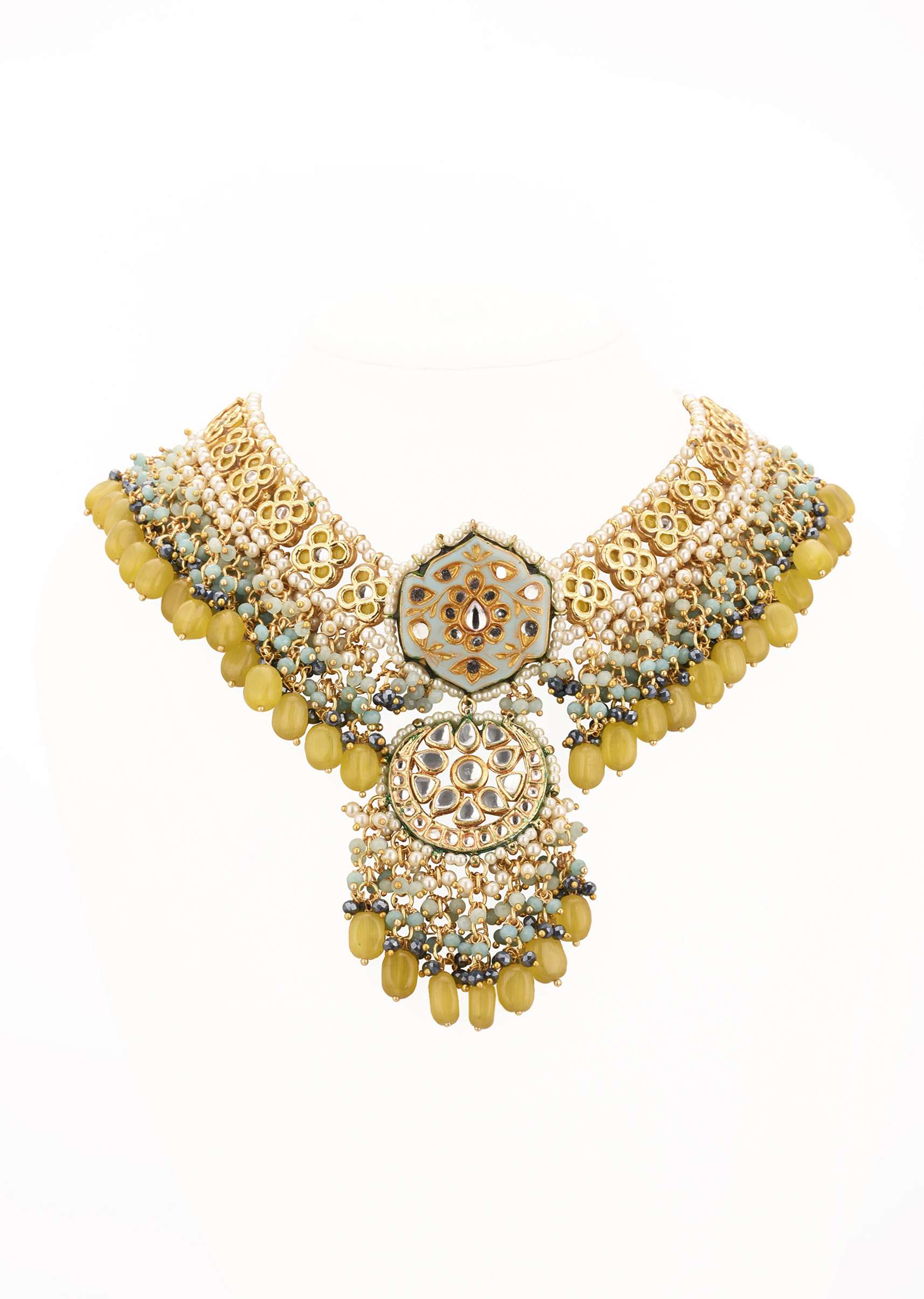 Gold-Finish Kundan Choker Necklace With Colorful Intricate Meenakari Work And Stones In Mix Metal - Image 6