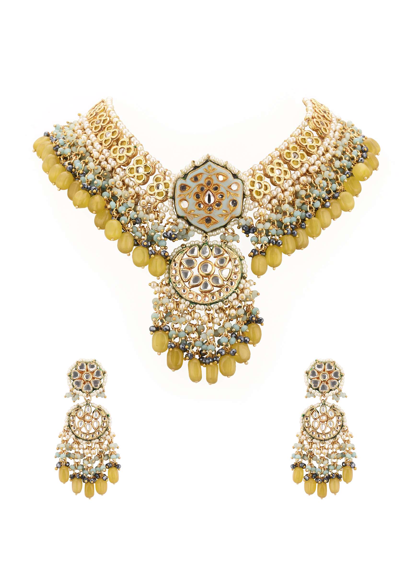Gold-Finish Kundan Choker Necklace With Colorful Intricate Meenakari Work And Stones In Mix Metal - Image 7