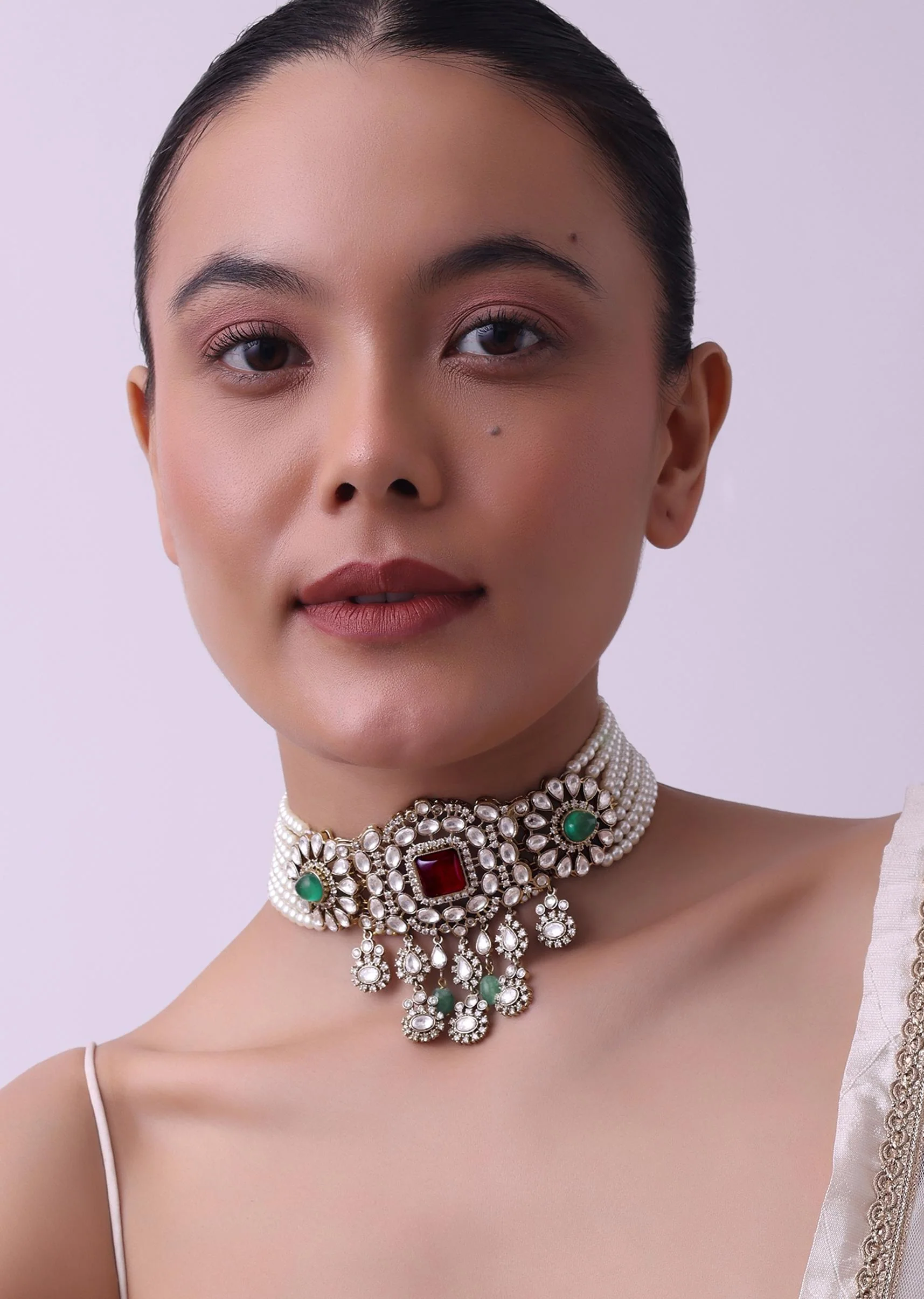 Gold Finish Kundan Choker Set With Synthetic Ruby And Emerald Stones - Image 4