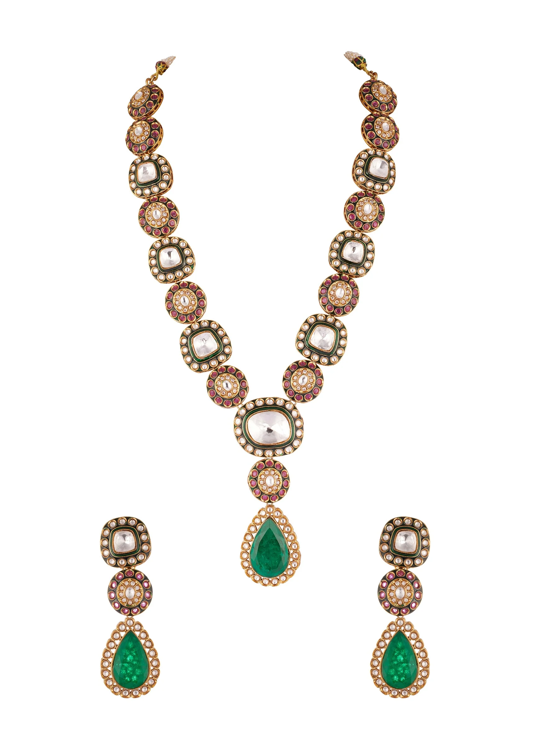 Gold Finish Kundan Long Necklace Set With Central Emerald Drop Pendant And Ruby Pearl Accents - Image 2