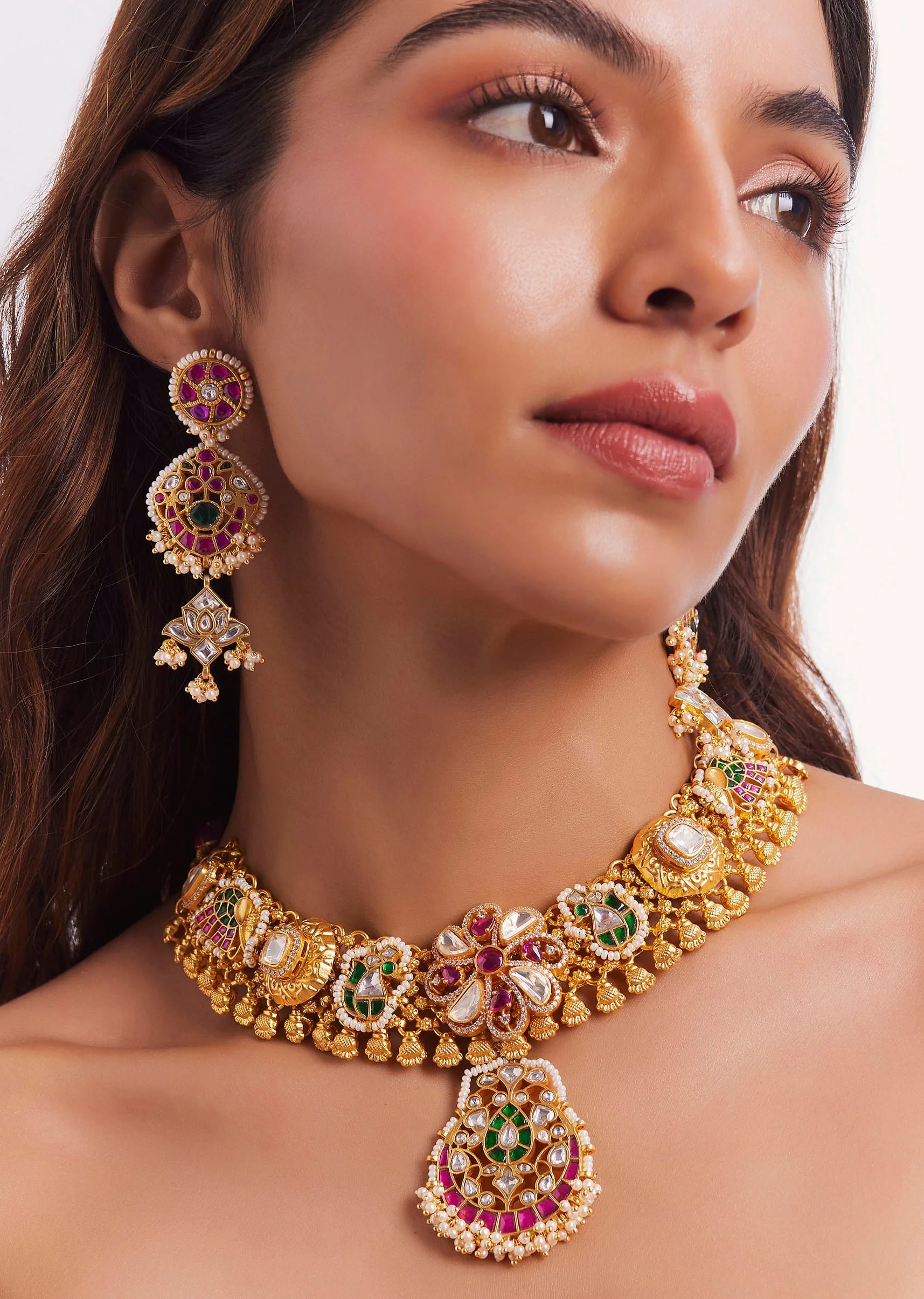 Gold Finish Kundan Polki And Multi Coloured Stone Choker Necklace Set