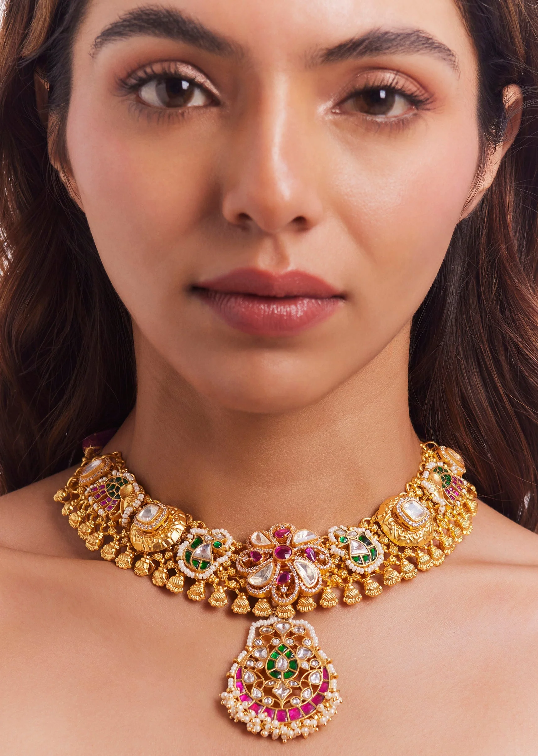 Gold Finish Kundan Polki And Multi Coloured Stone Choker Necklace Set - Image 2