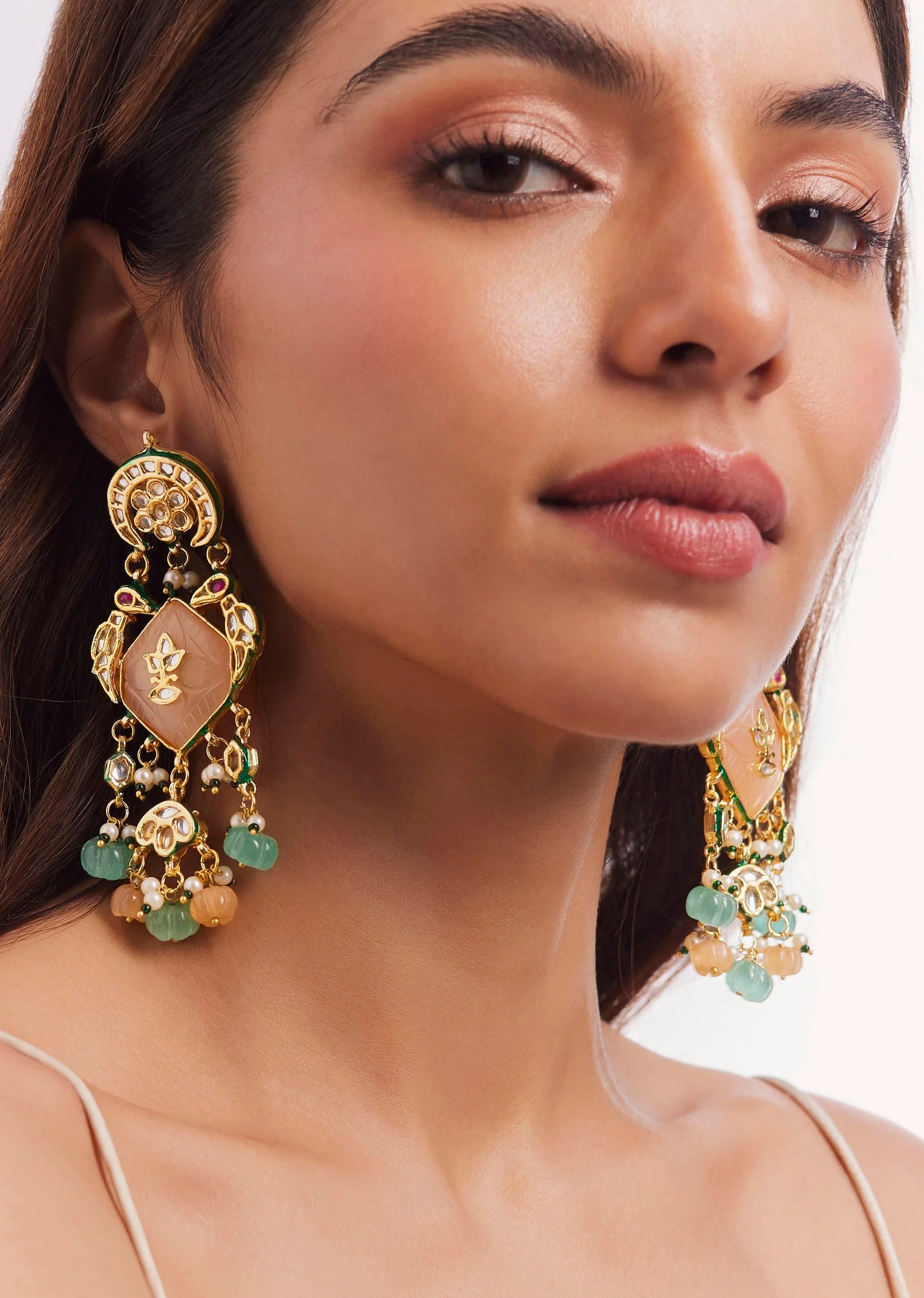 Gold Finish Kundan Polki And Pearl Dangler Earrings