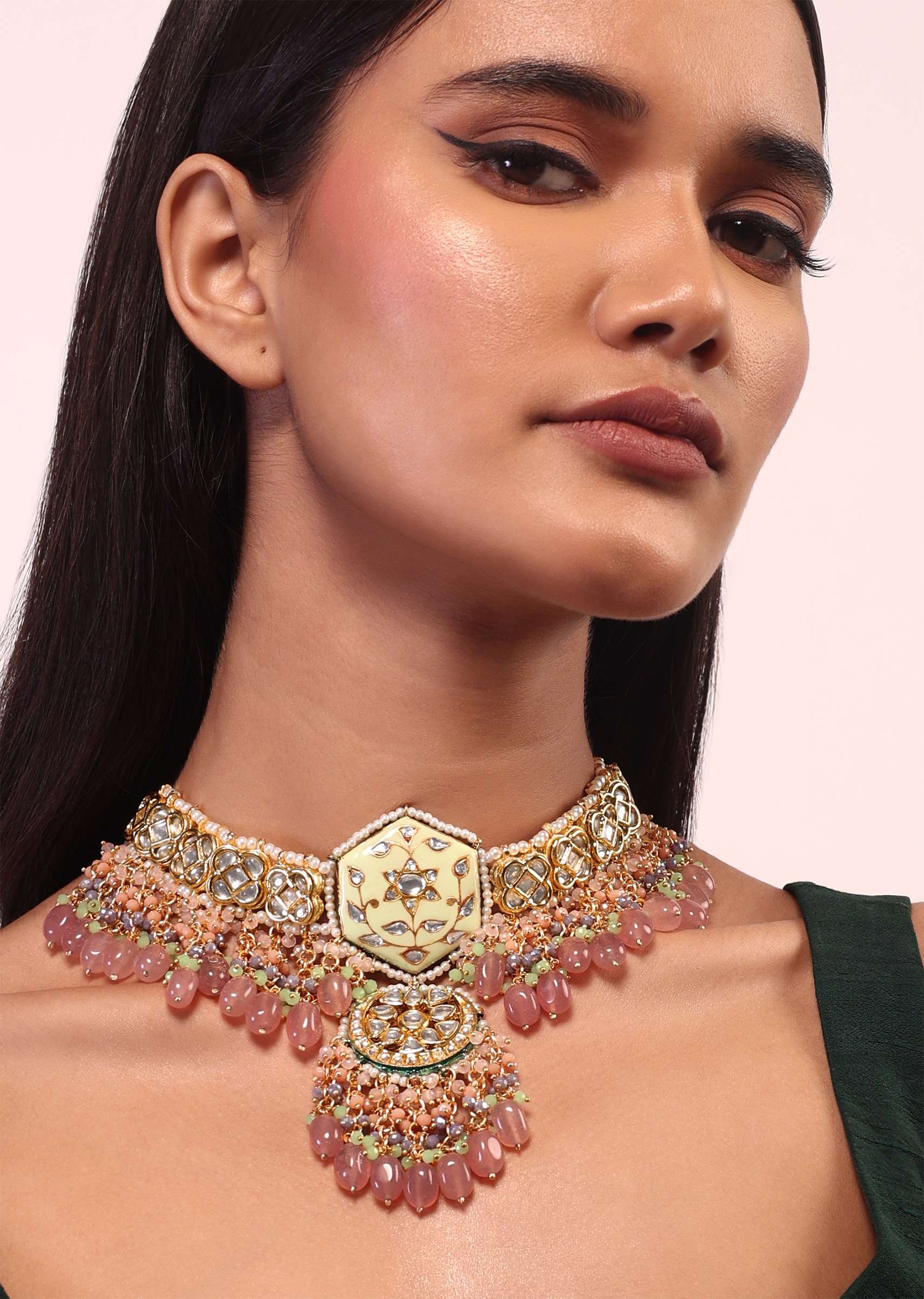 Gold Finish Kundan Polki beaded Necklace set with Earrings - Image 3