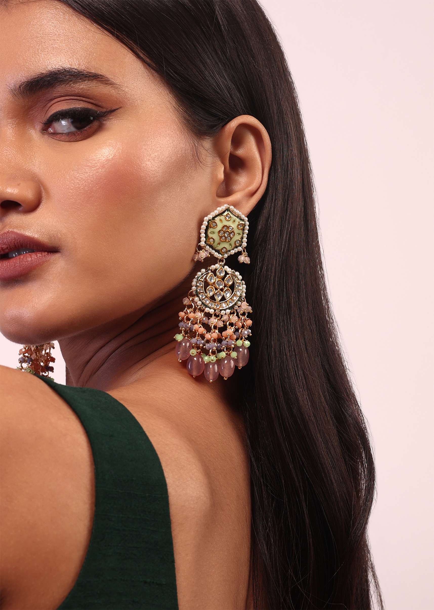 Gold Finish Kundan Polki beaded Necklace set with Earrings - Image 4