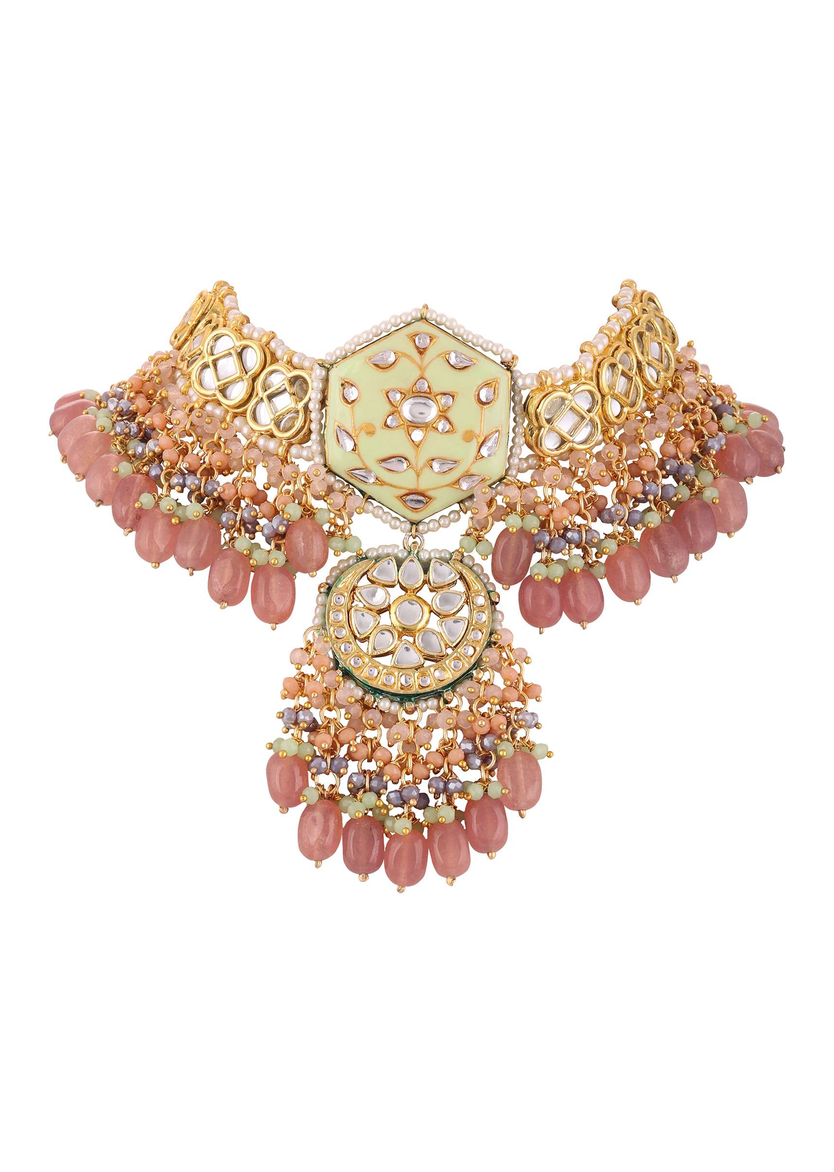 Gold Finish Kundan Polki beaded Necklace set with Earrings - Image 5
