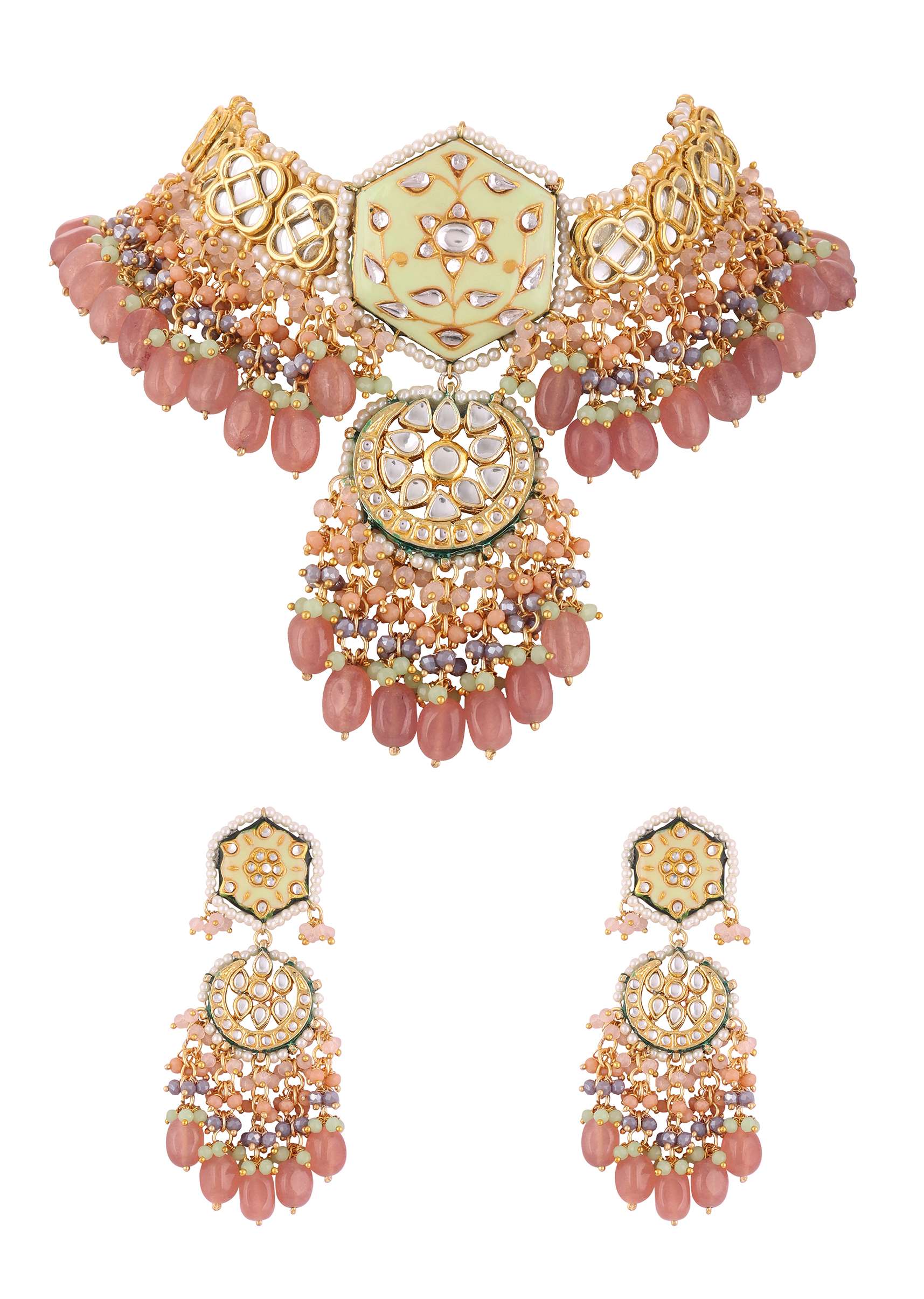 Gold Finish Kundan Polki beaded Necklace set with Earrings - Image 6