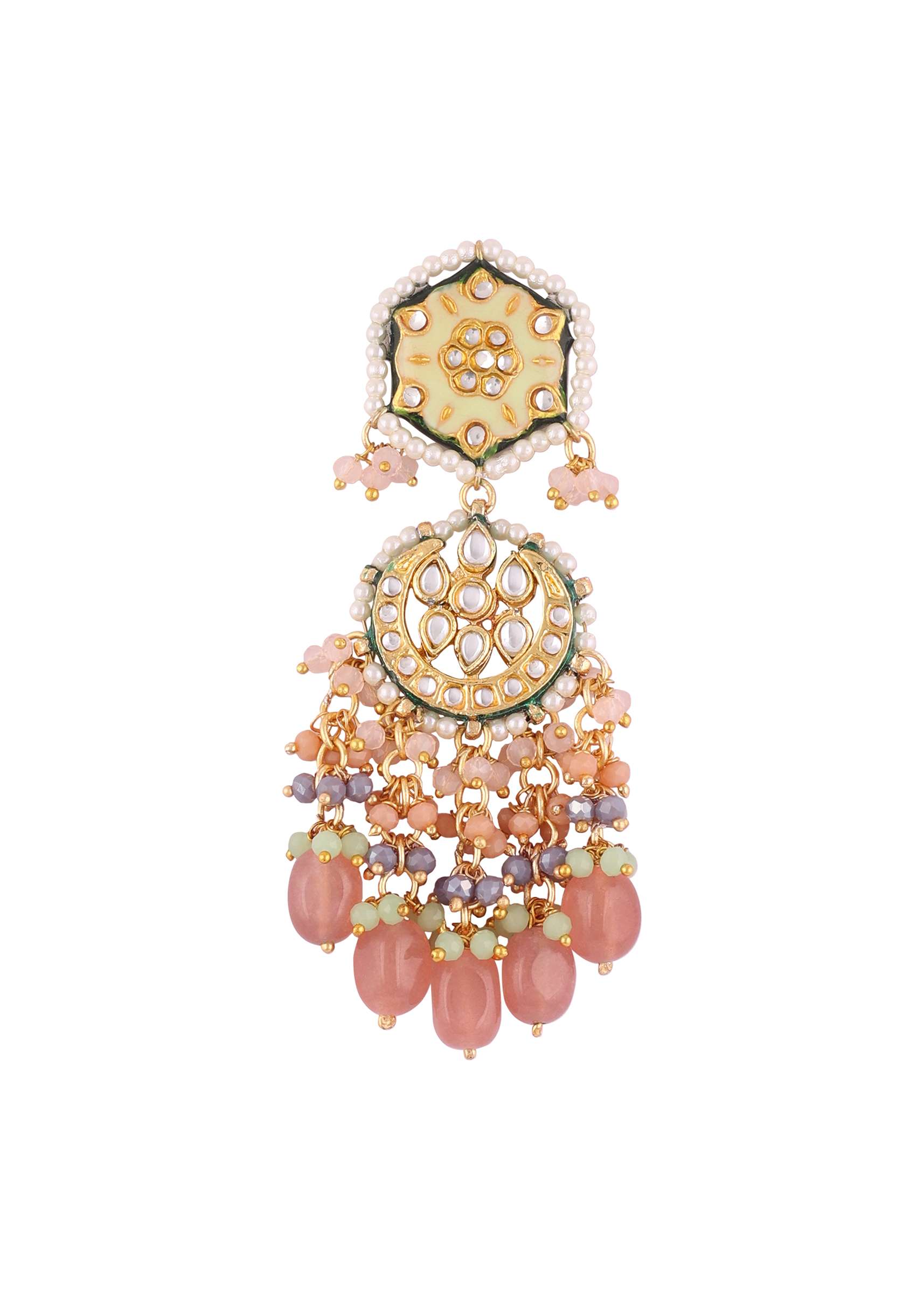 Gold Finish Kundan Polki beaded Necklace set with Earrings - Image 7