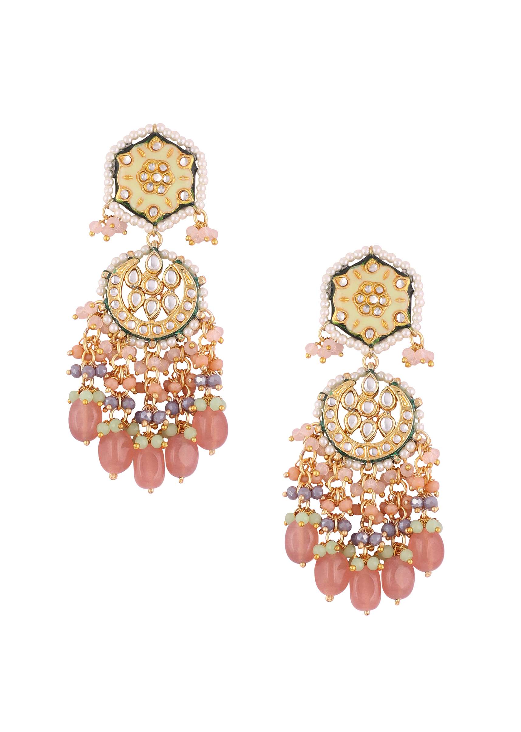 Gold Finish Kundan Polki beaded Necklace set with Earrings - Image 8