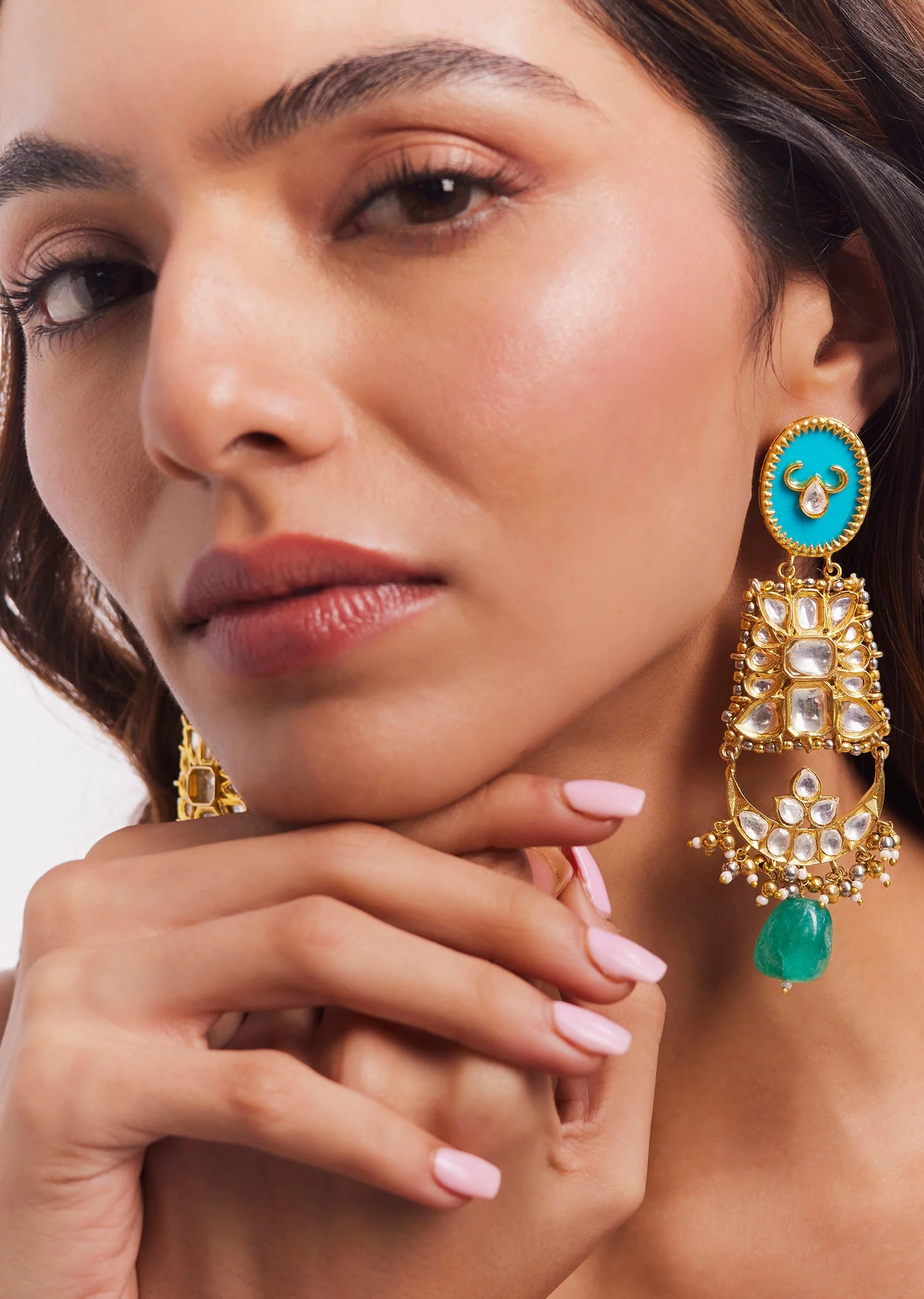 Gold Finish Kundan Polki Choker Necklace Set - Image 3