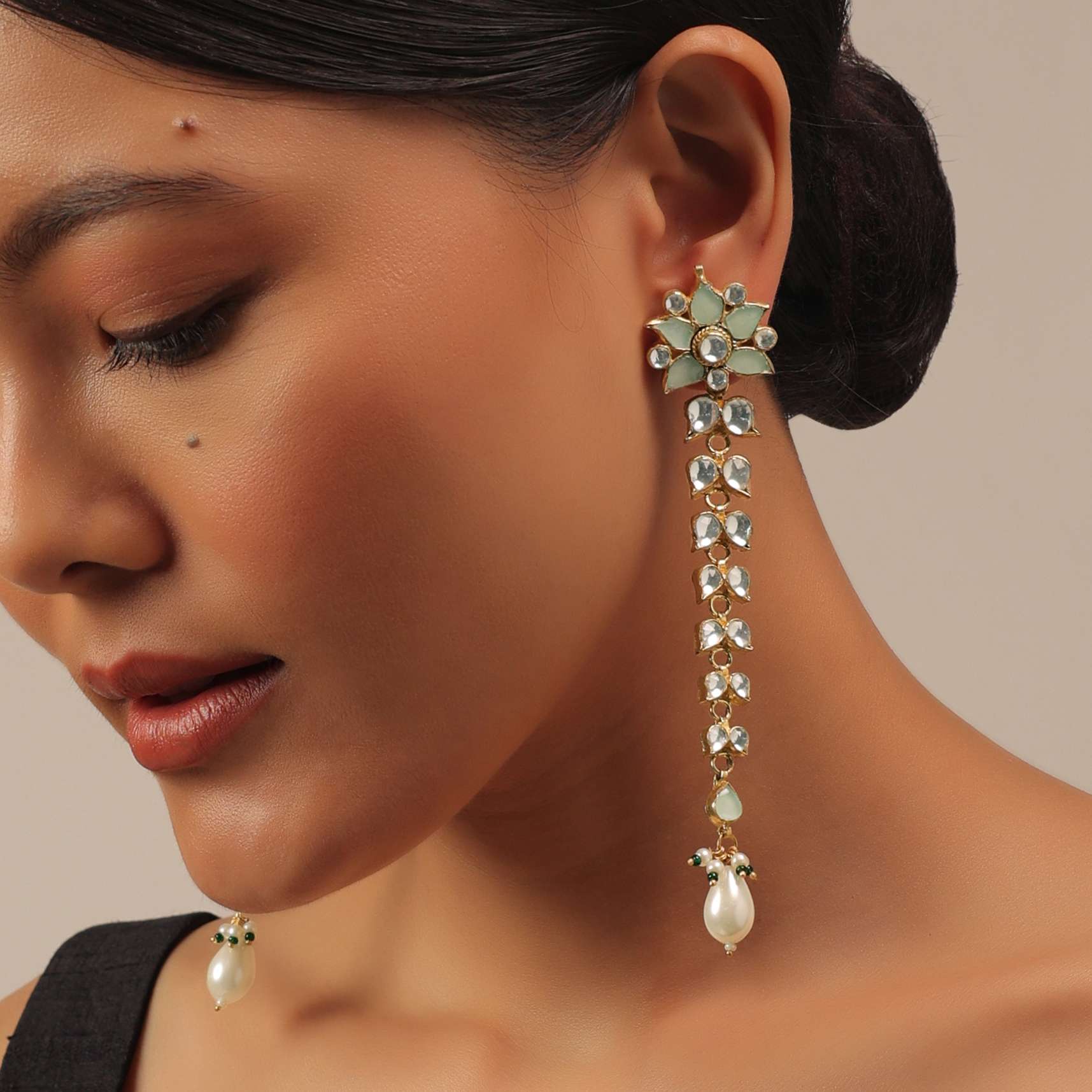 Gold Finish Kundan Polki Earrings With Pearl And Beads - Image 2