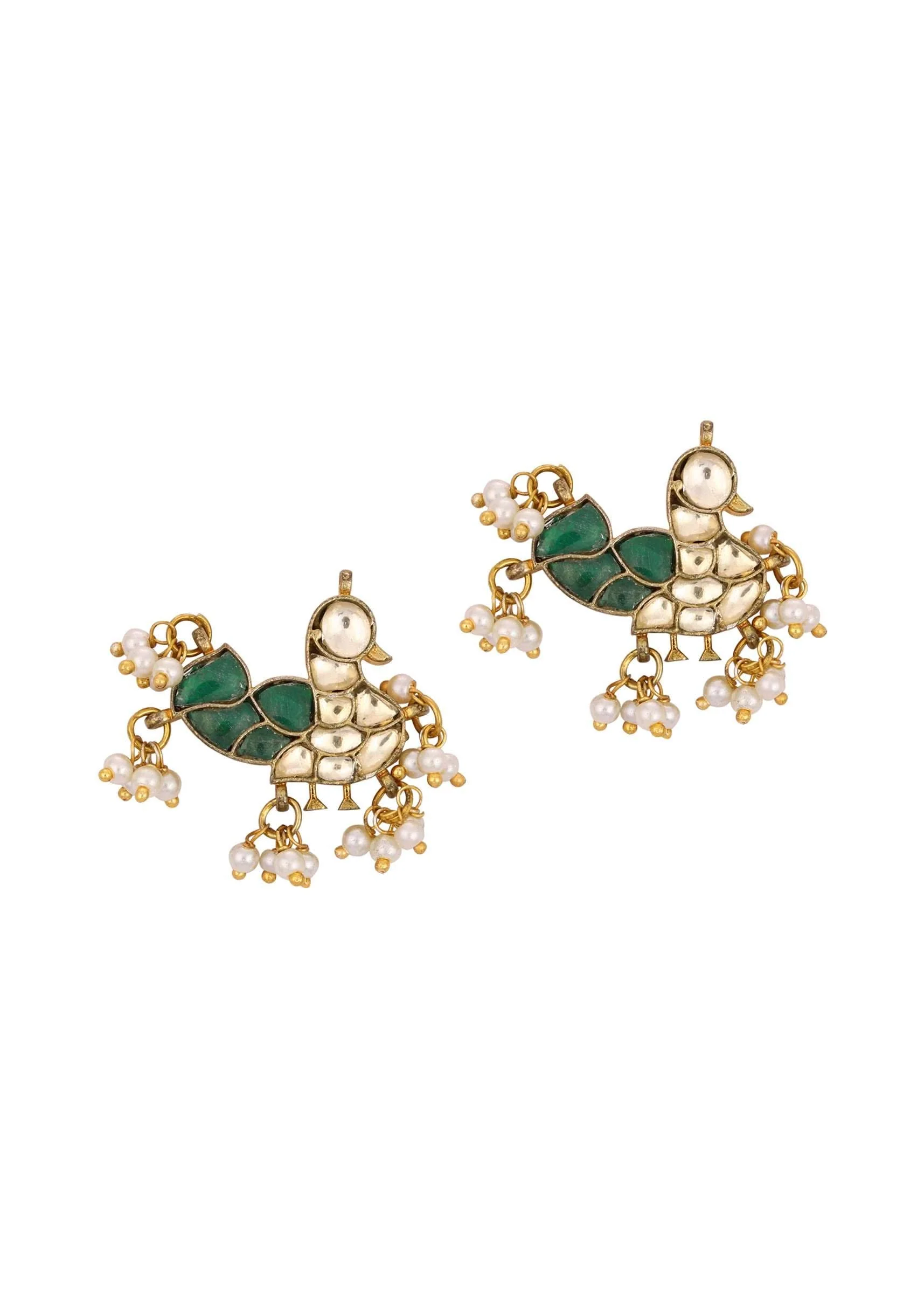 Gold Finish Kundan Polki Stud Earrings With Synthetic Emerald Stones With Beads - Image 4