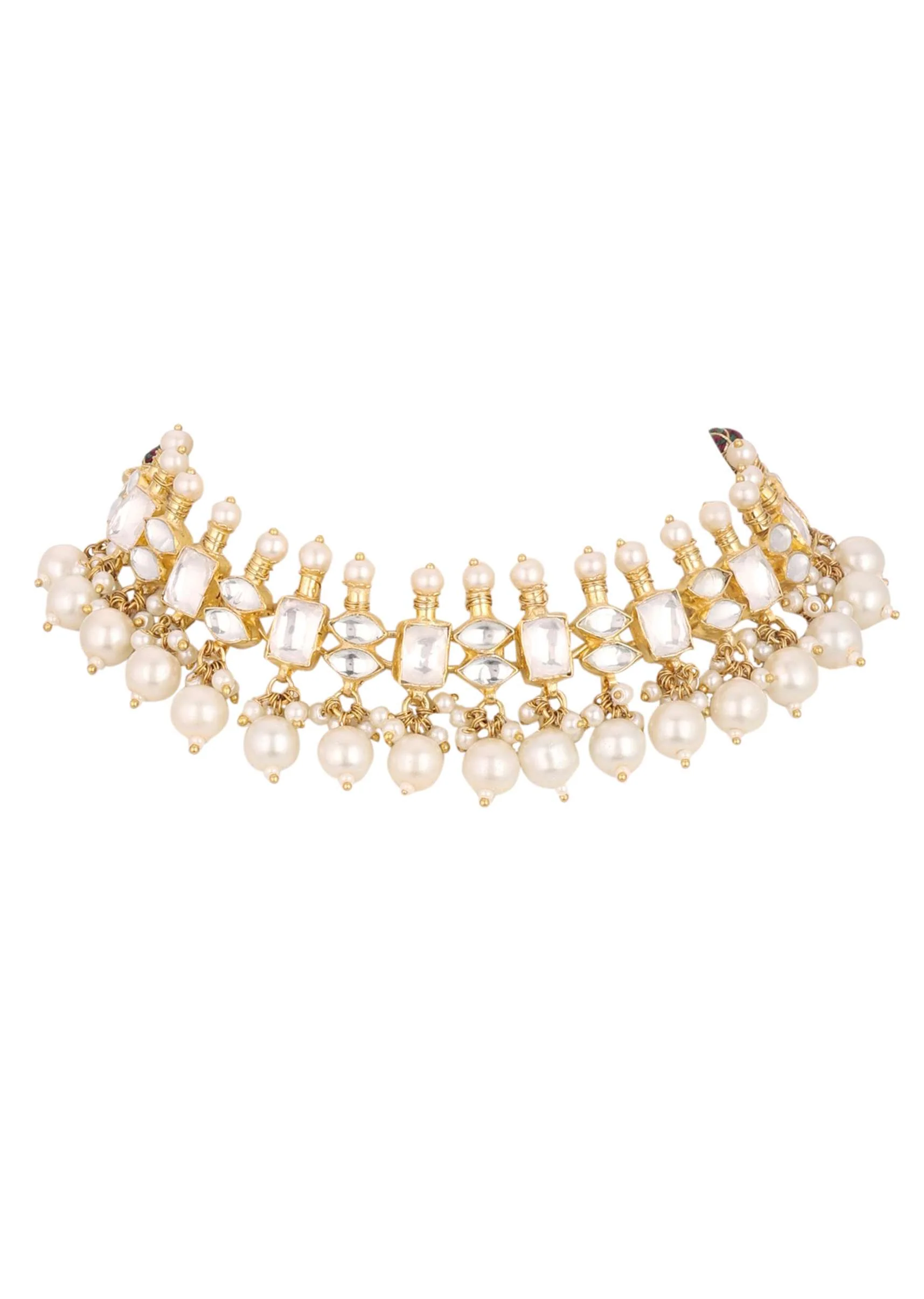 Gold Finish Kundan Polki White Necklace Set With Beads, Stones, And Pearls - Image 5