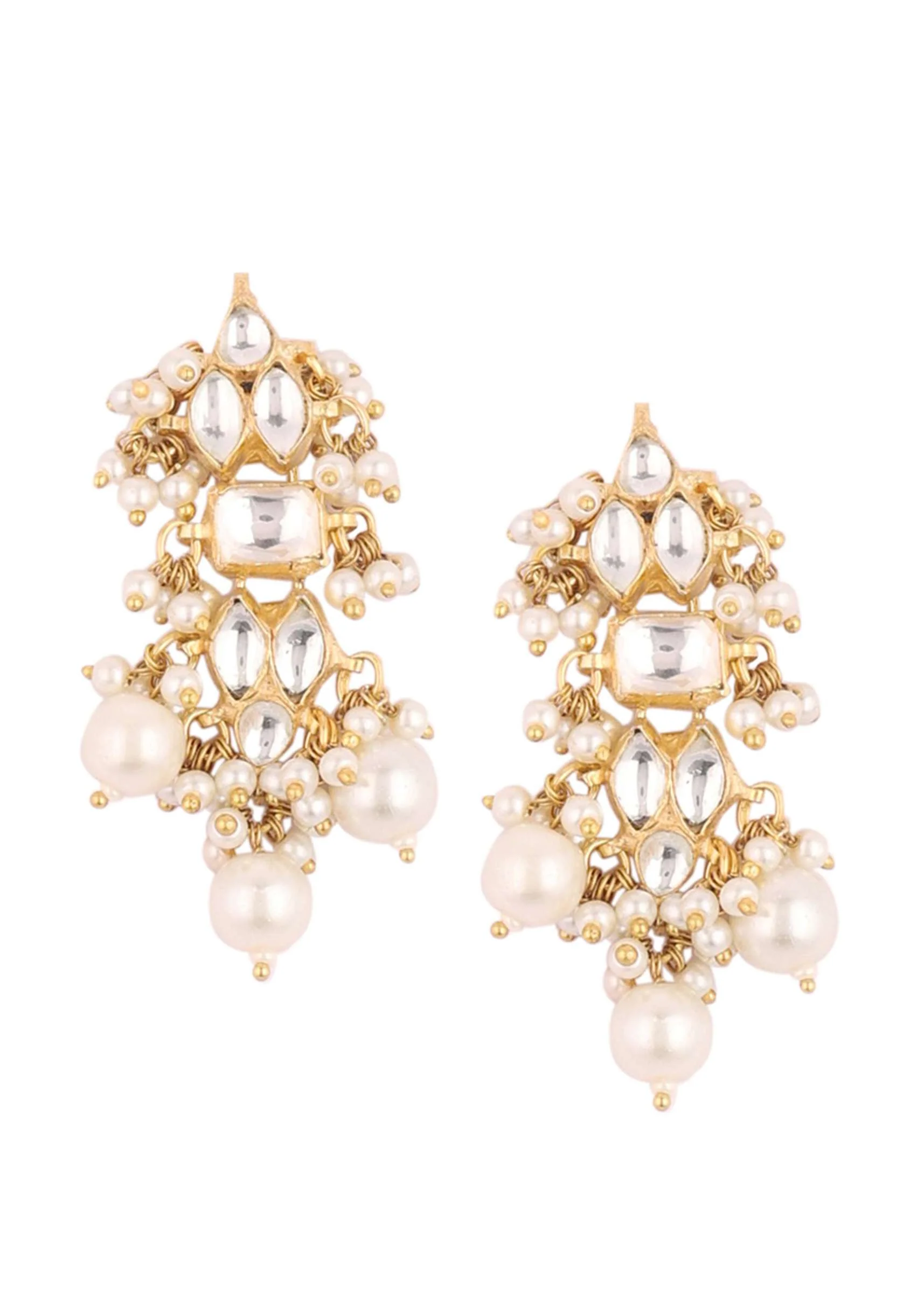 Gold Finish Kundan Polki White Necklace Set With Beads, Stones, And Pearls - Image 8