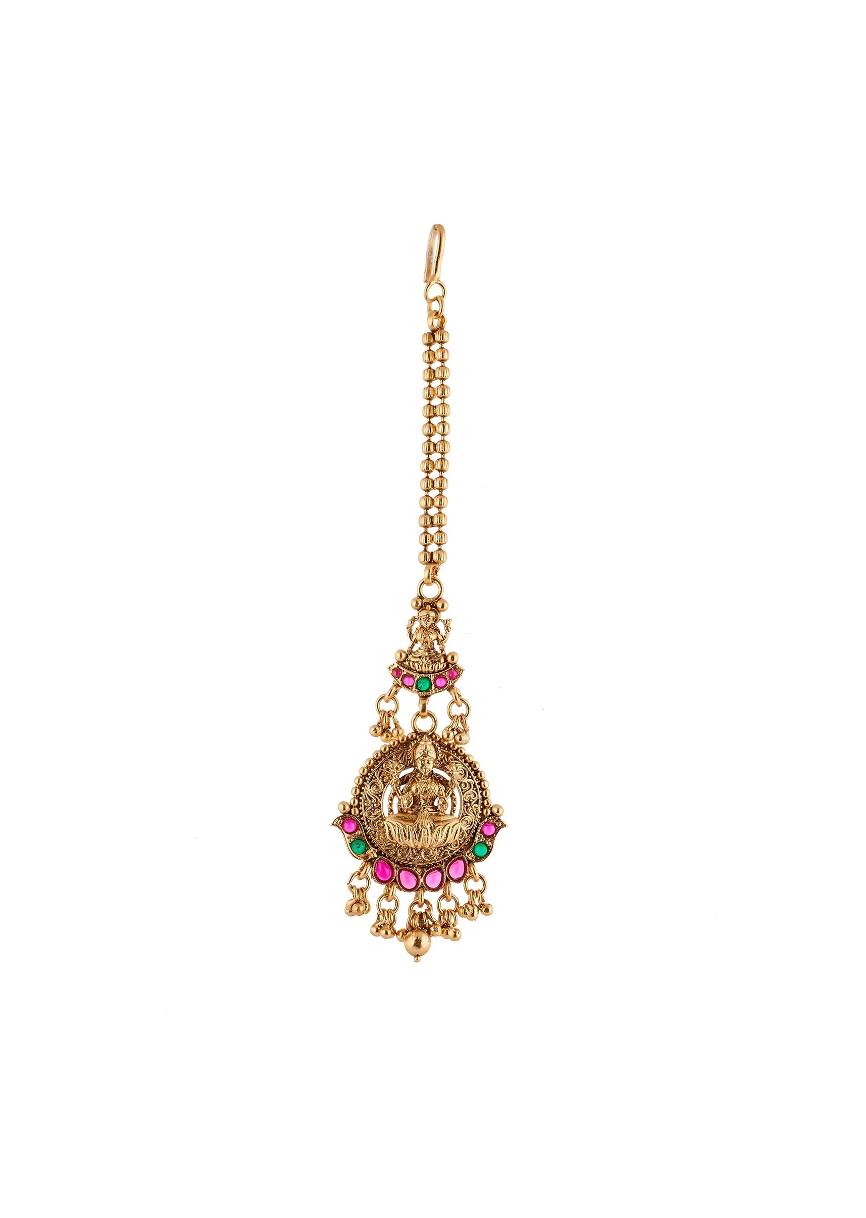 Gold Finish Maangtikka With Temple Style Motifs And Light Pink Dark Pink and Green Simulated Stones - Image 2