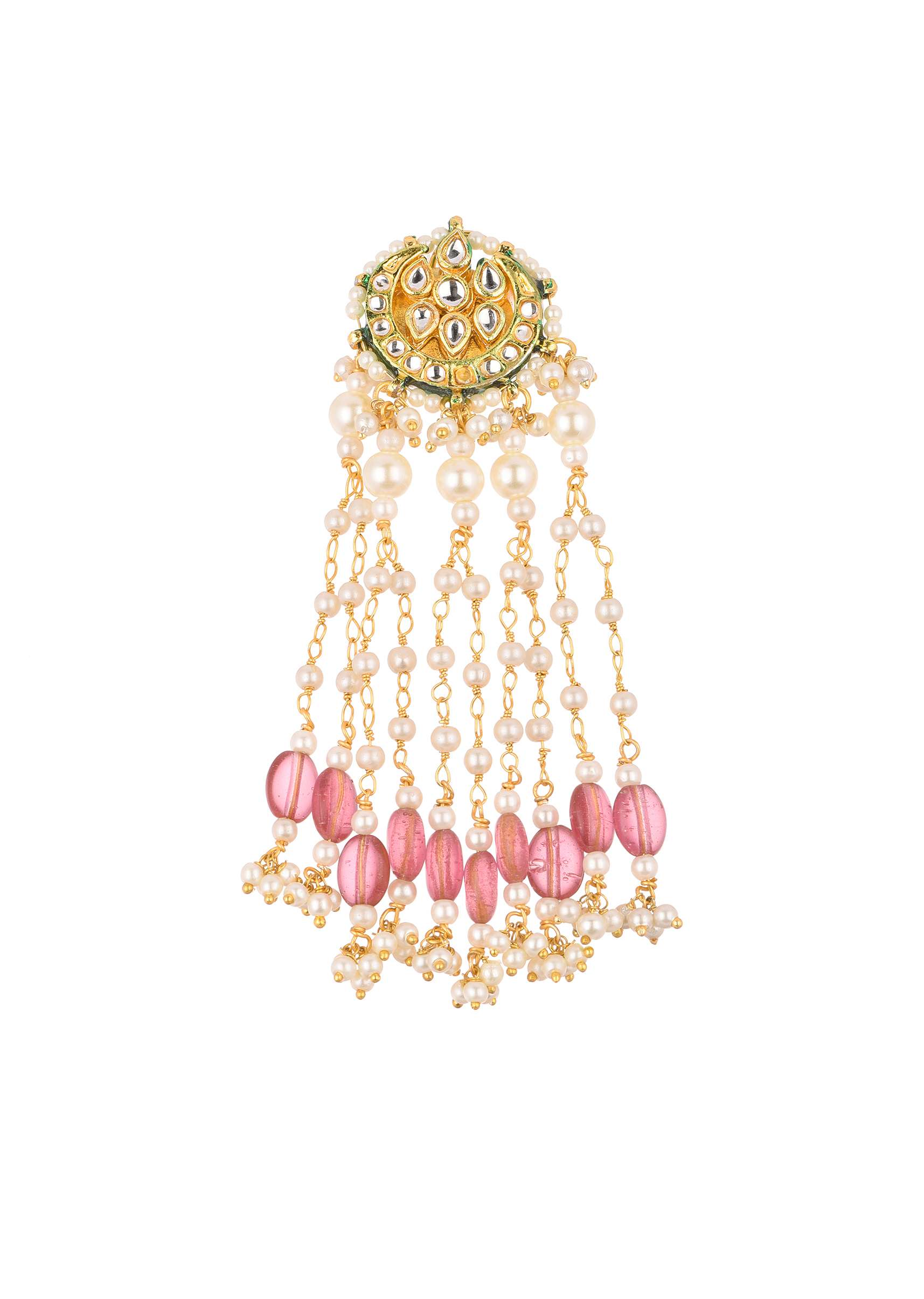 Gold Finish Mix Metal Danglers With Pink Beads - Image 3