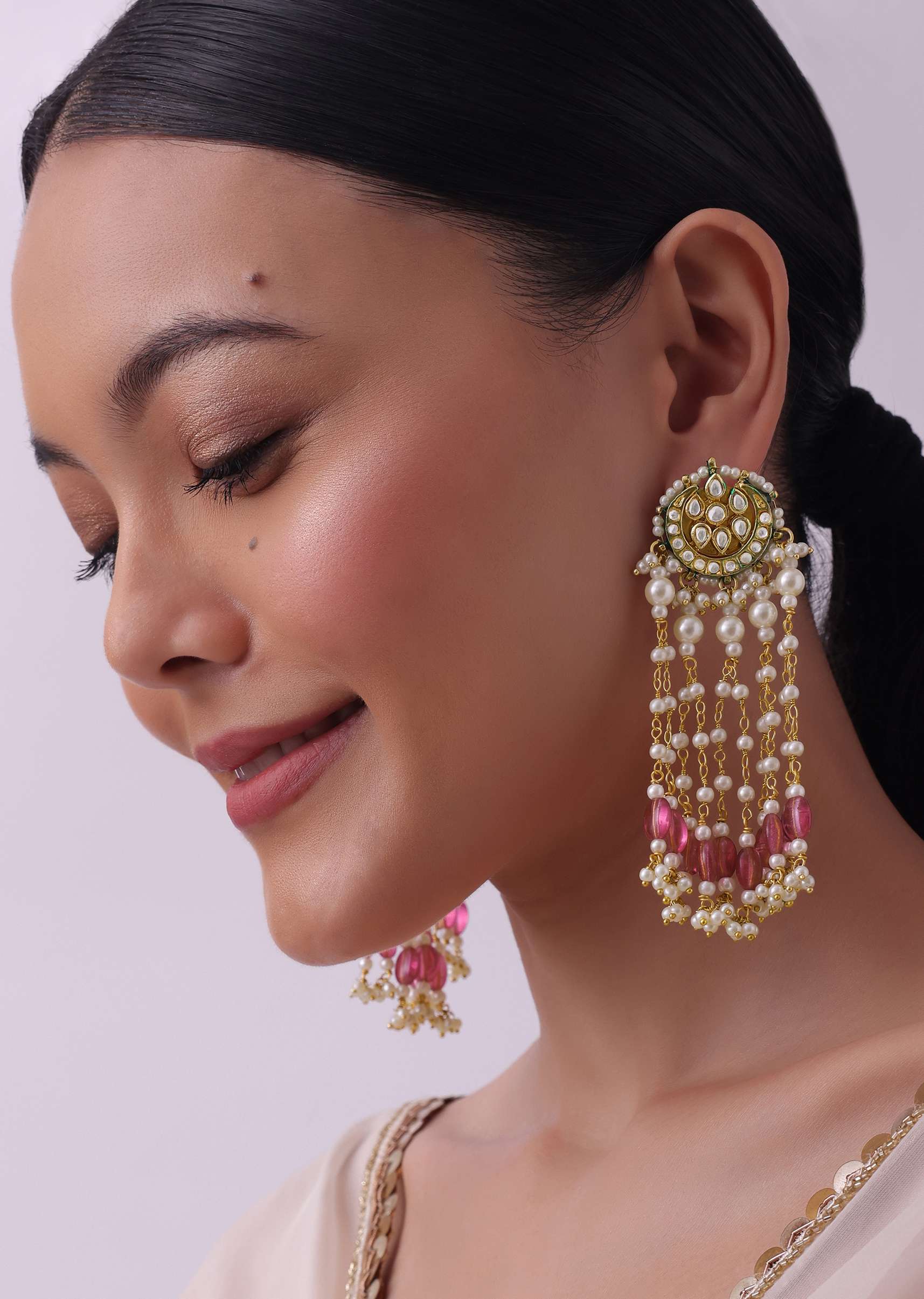 Gold Finish Mix Metal Danglers With Pink Beads - Image 4