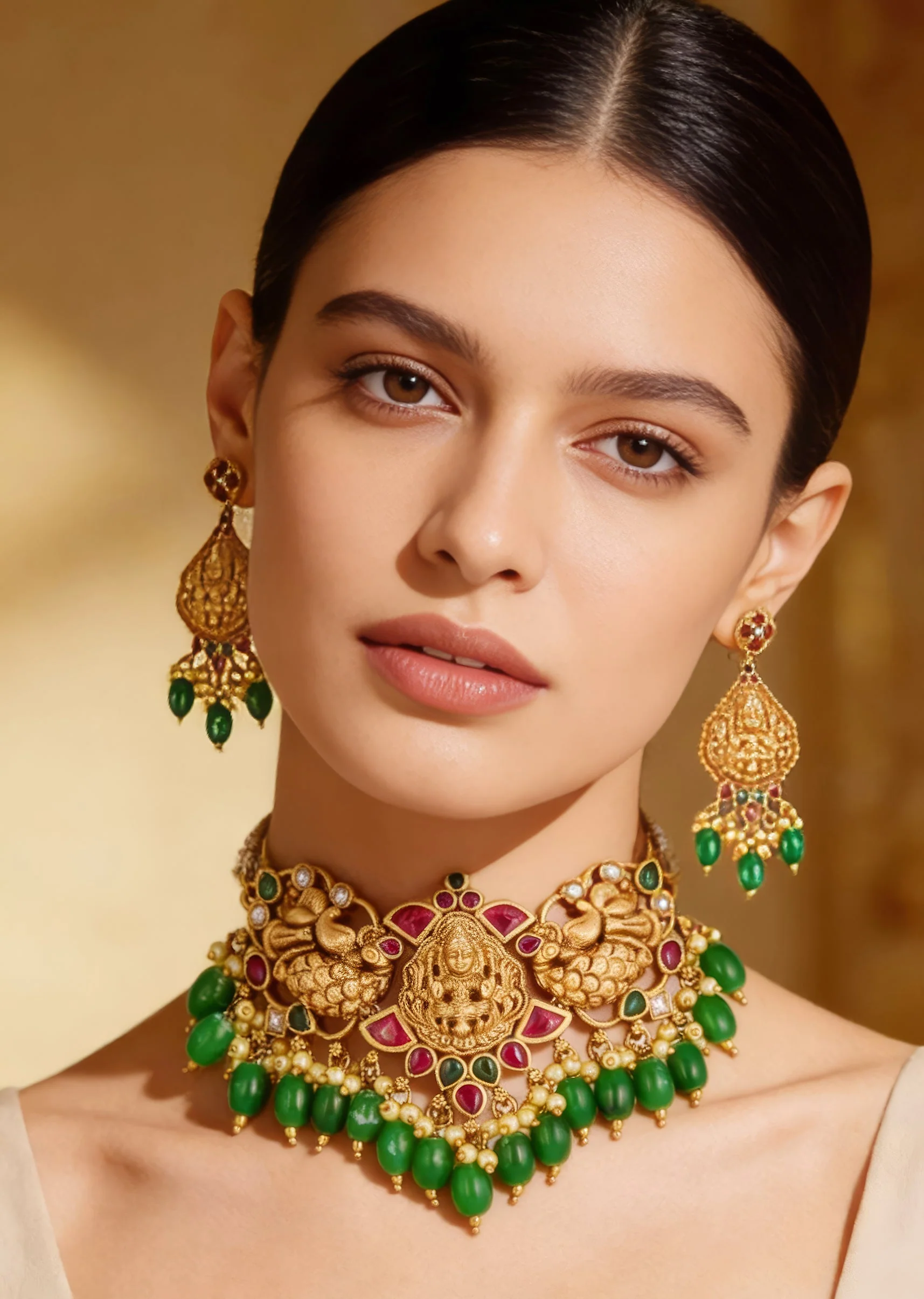 Gold Finish Necklace Set With Intricate Traditional Temple Motifs And Pink and Green Simulated Stones