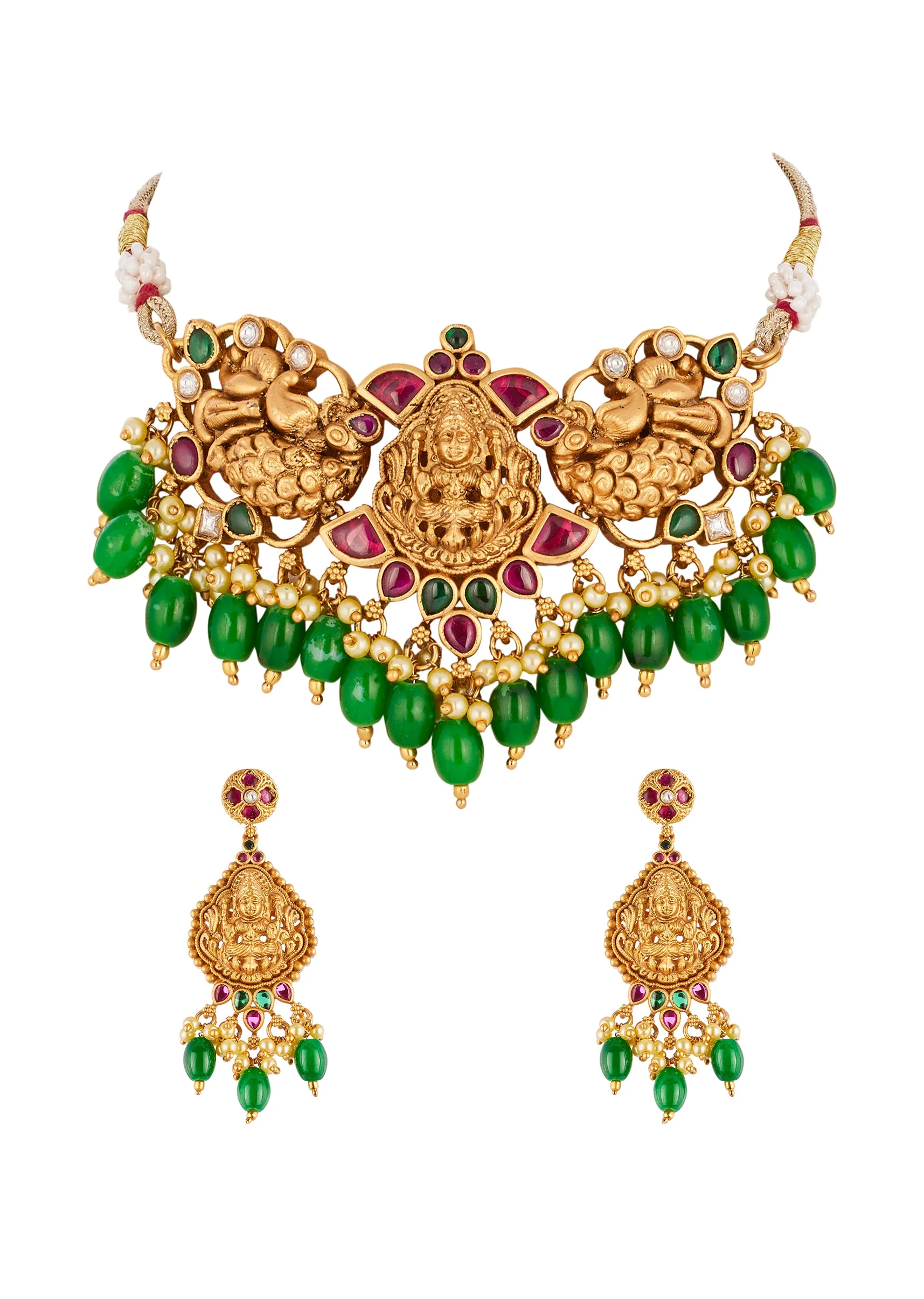 Gold Finish Necklace Set With Intricate Traditional Temple Motifs And Pink and Green Simulated Stones - Image 2