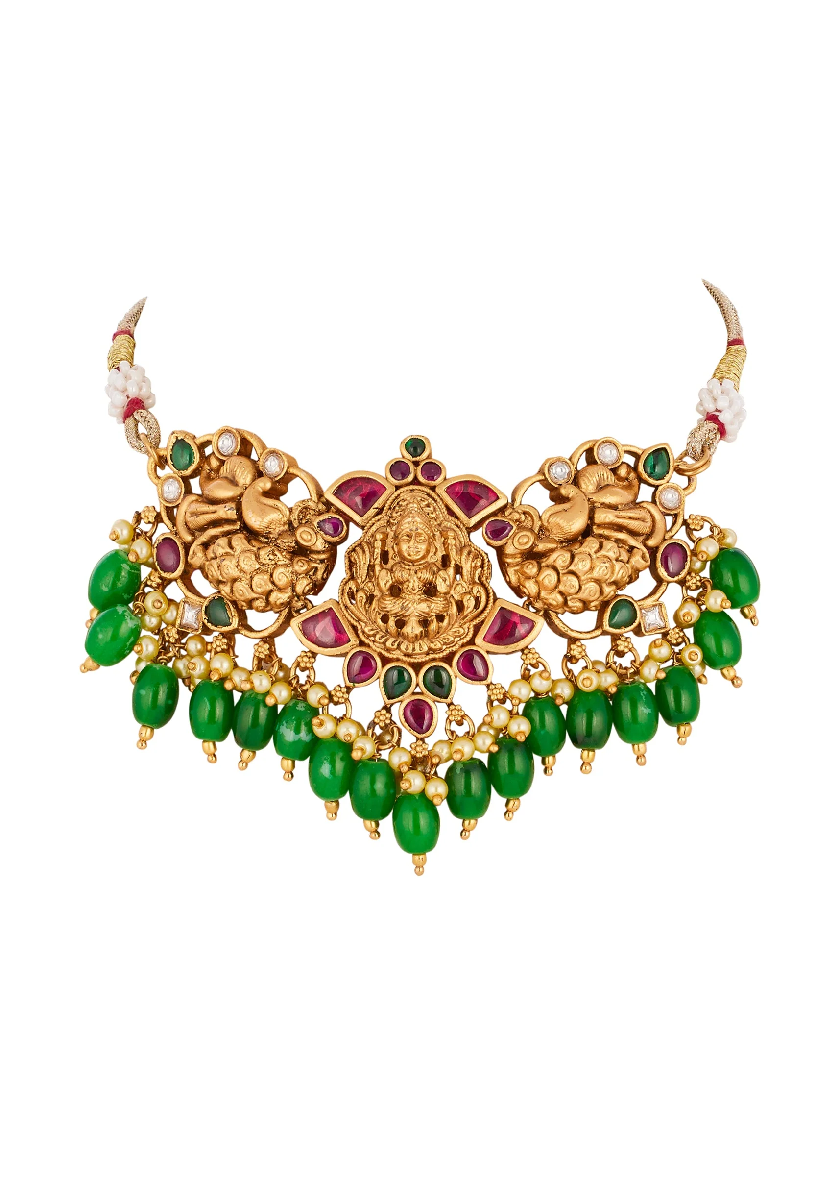 Gold Finish Necklace Set With Intricate Traditional Temple Motifs And Pink and Green Simulated Stones - Image 3