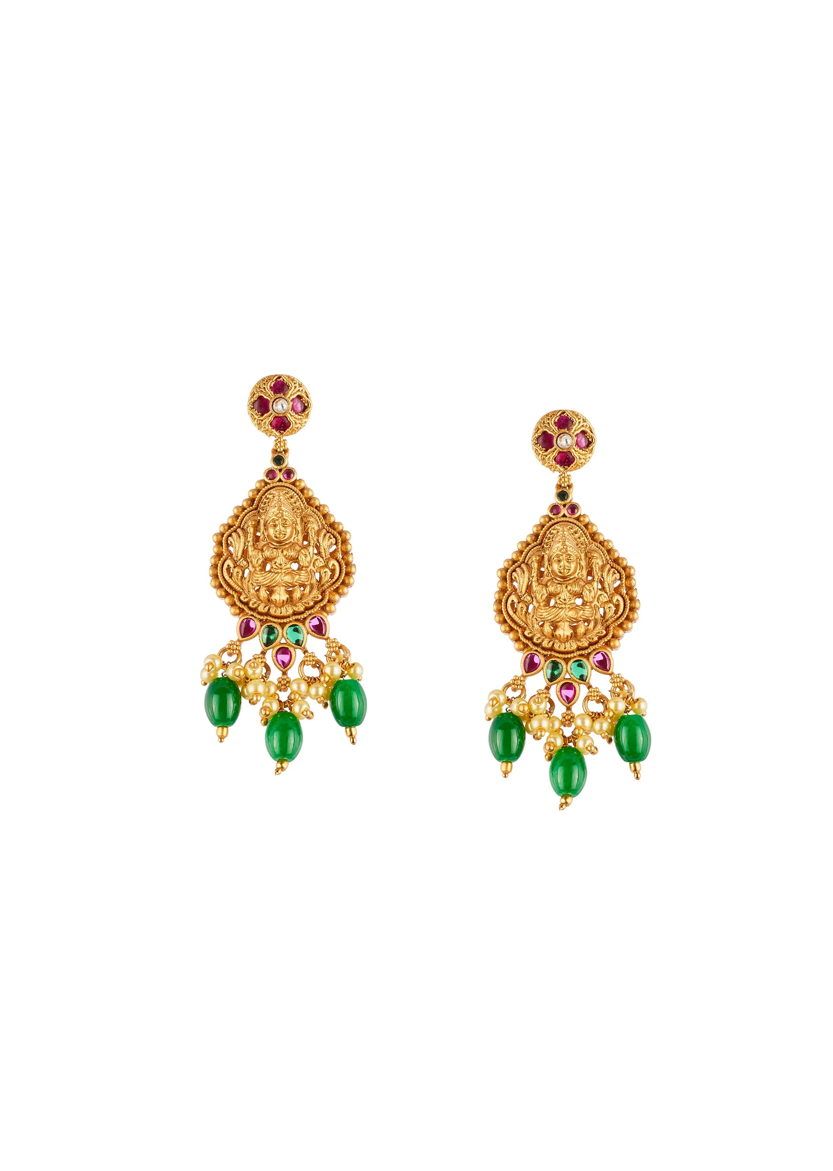 Gold Finish Necklace Set With Intricate Traditional Temple Motifs And Pink and Green Simulated Stones - Image 4