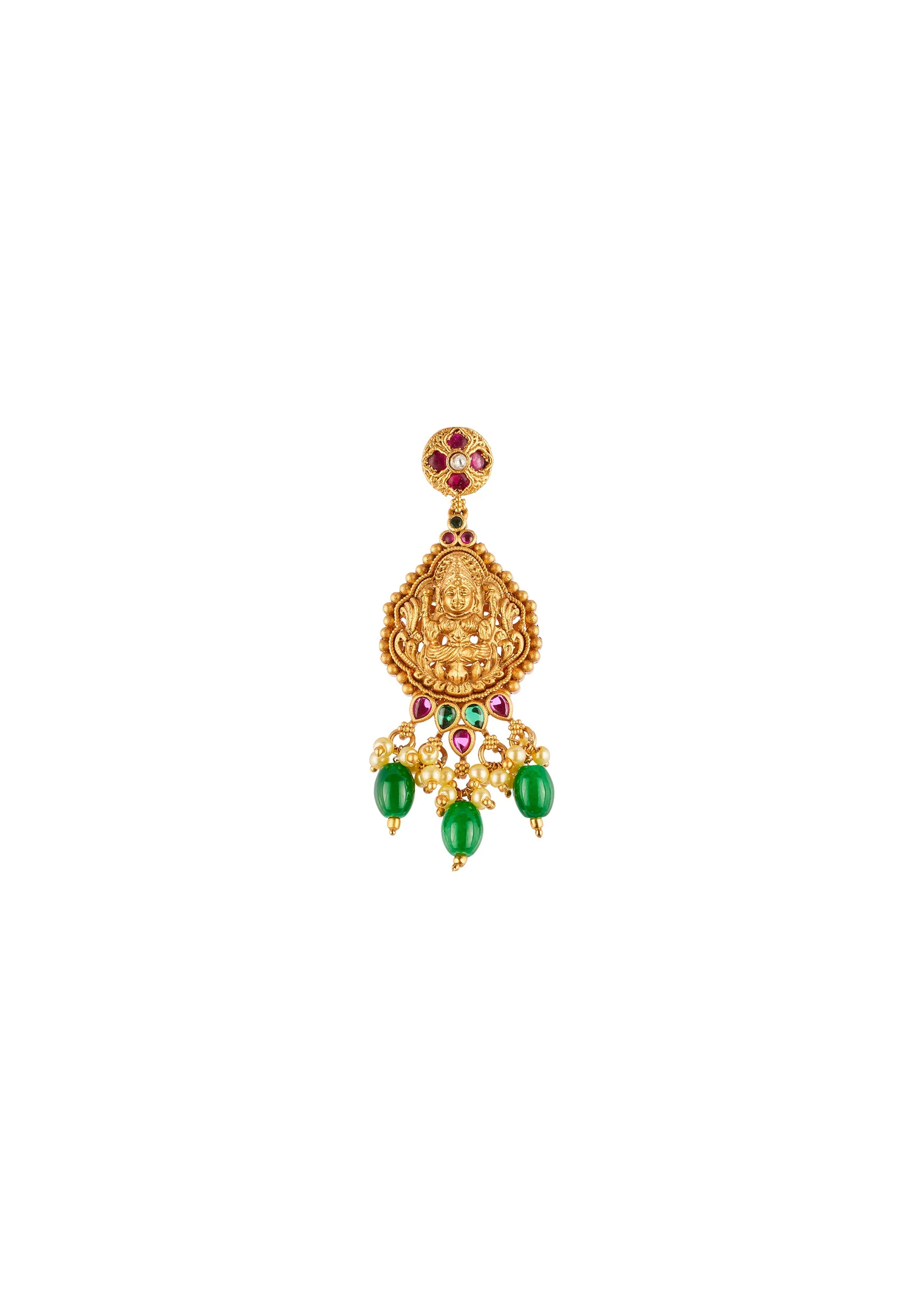 Gold Finish Necklace Set With Intricate Traditional Temple Motifs And Pink and Green Simulated Stones - Image 5