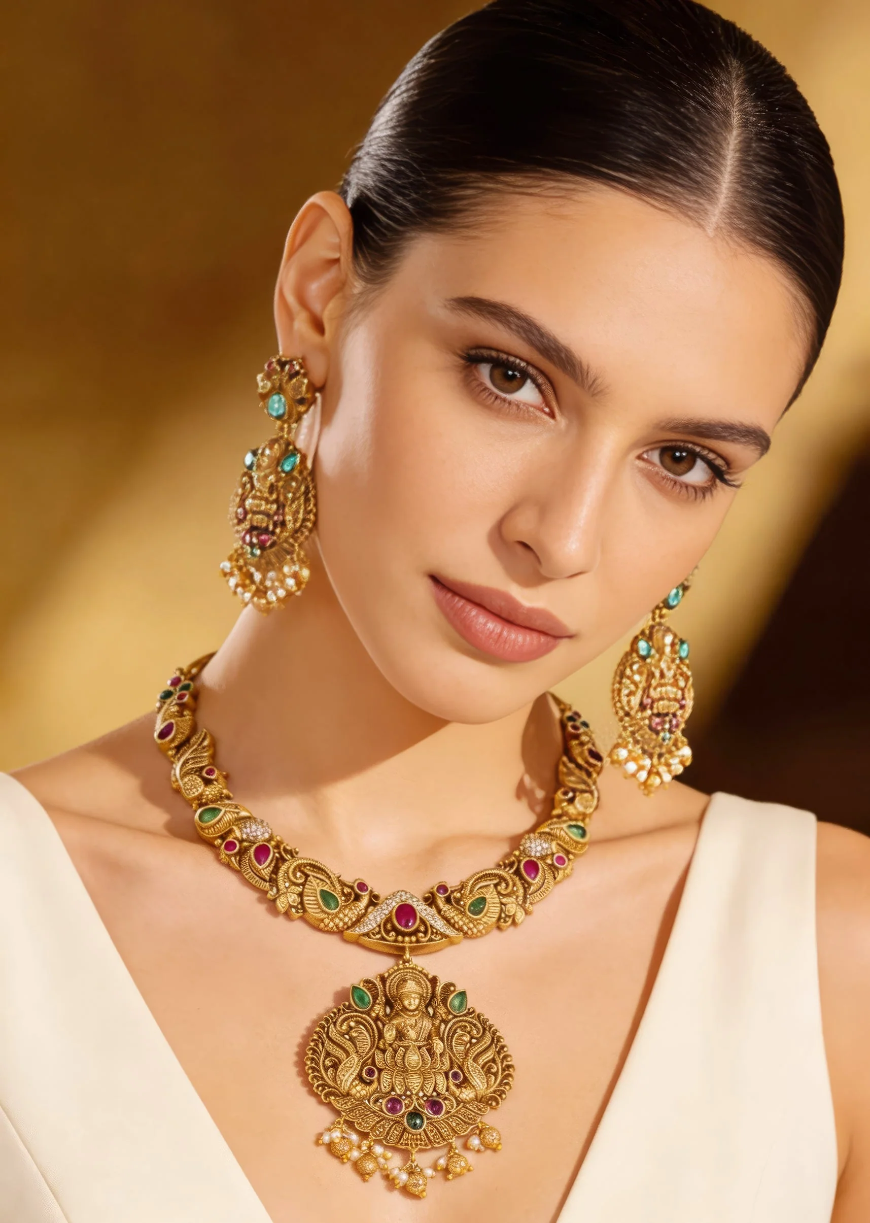 Gold Finish Necklace Set With Temple Style Motifs And Green and Pink Simulated Stones