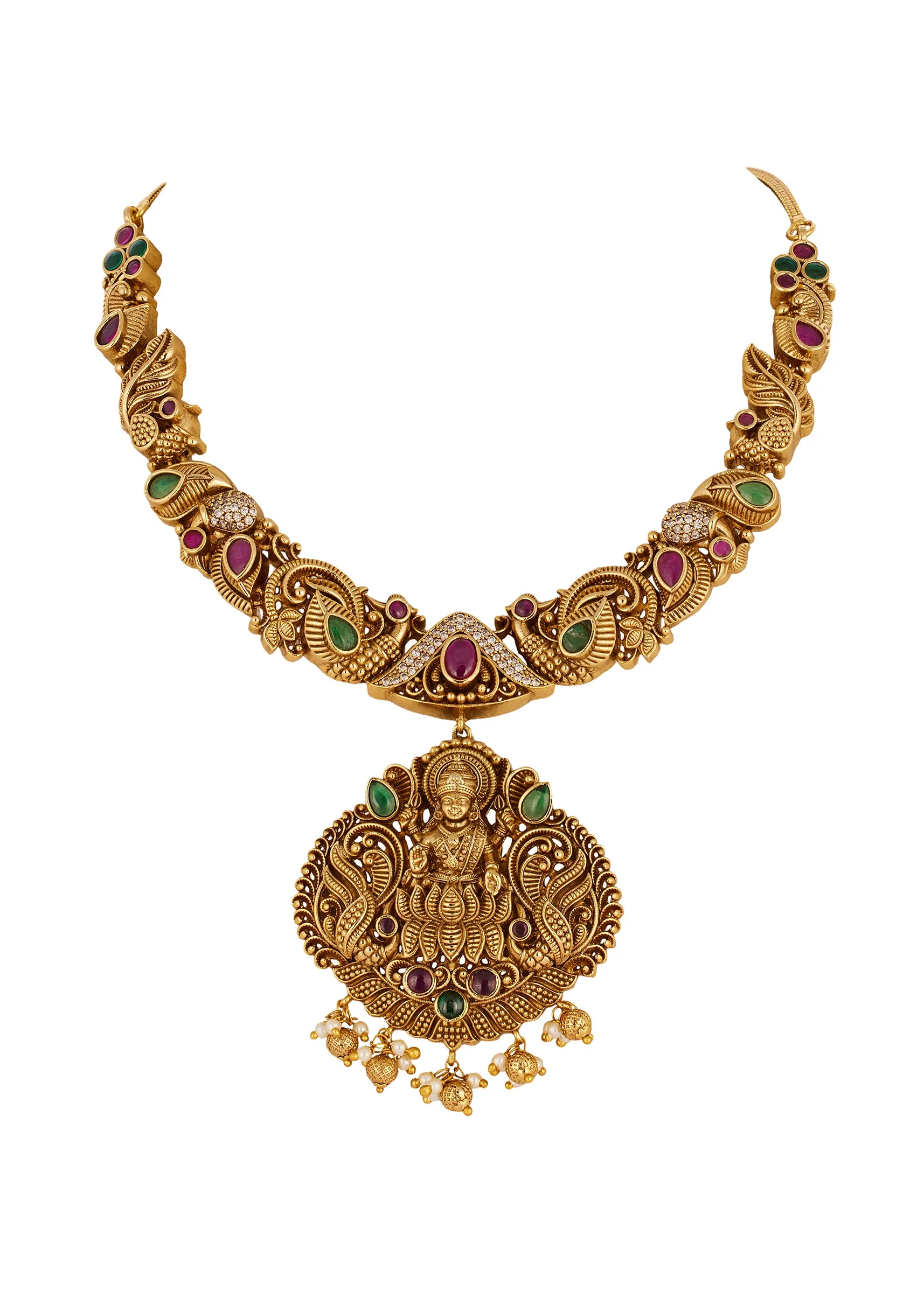 Gold Finish Necklace Set With Temple Style Motifs And Green and Pink Simulated Stones - Image 3