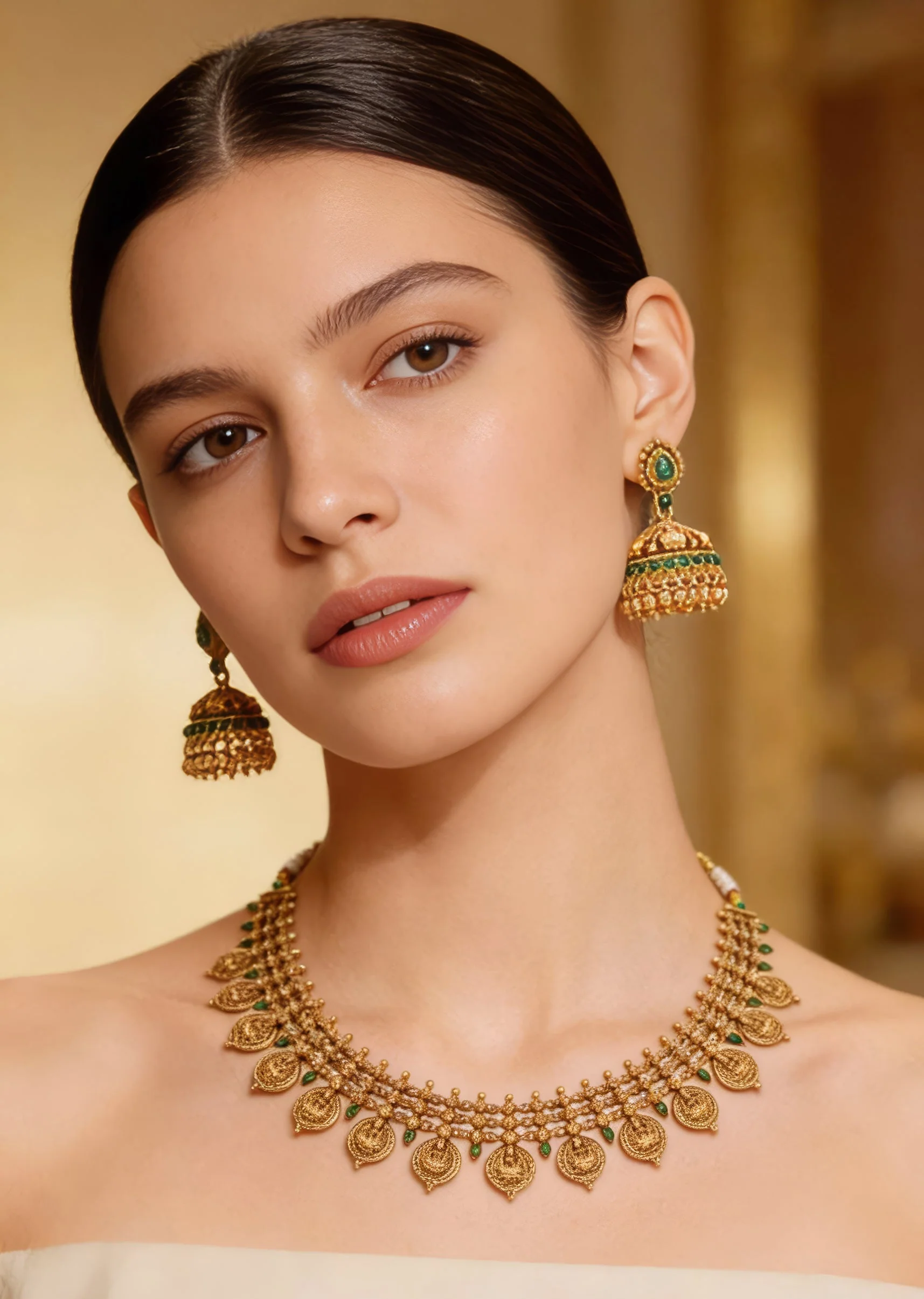 Gold Finish Necklace Set With Temple Style Motifs And Green Simulated Stones