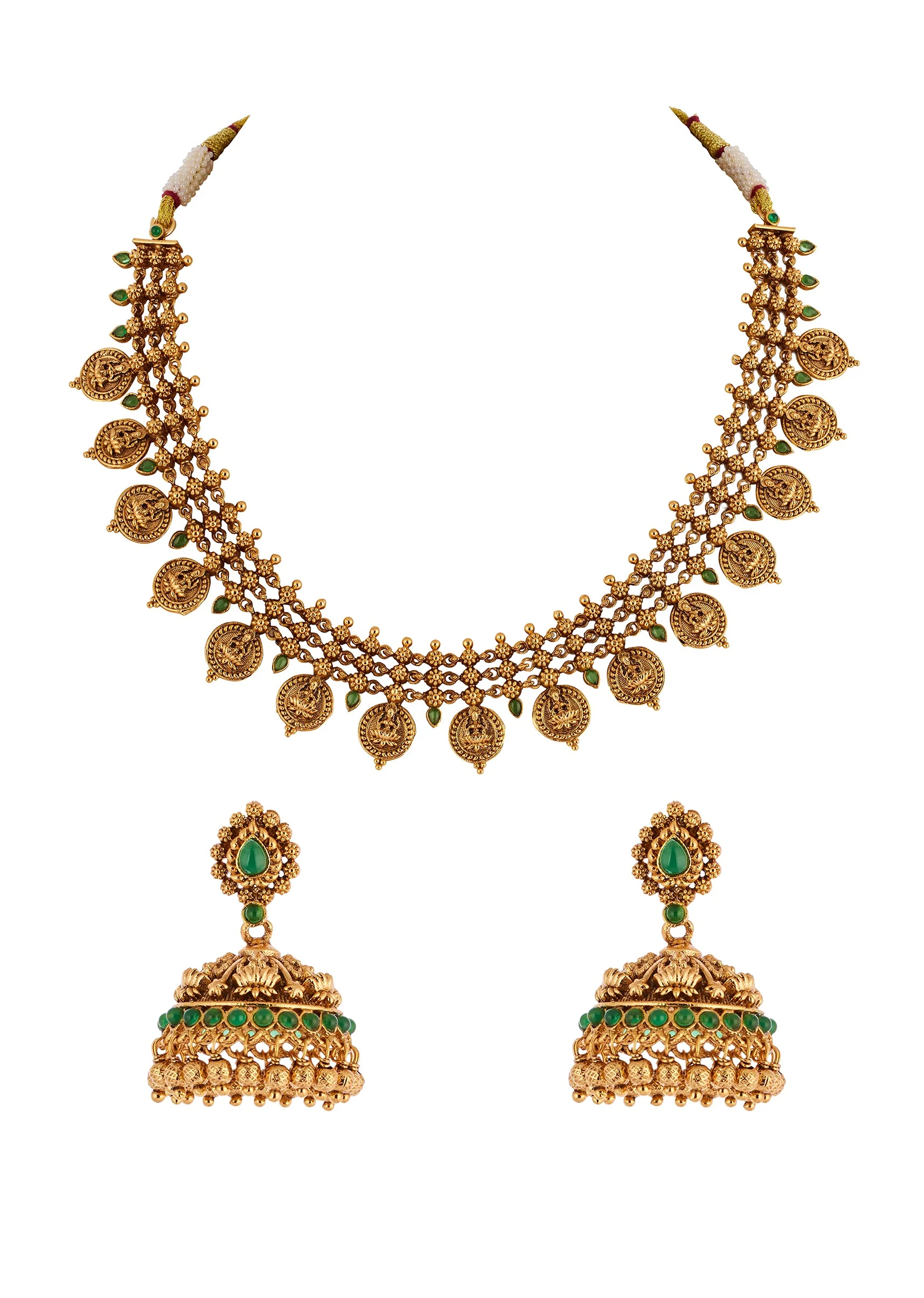Gold Finish Necklace Set With Temple Style Motifs And Green Simulated Stones - Image 2