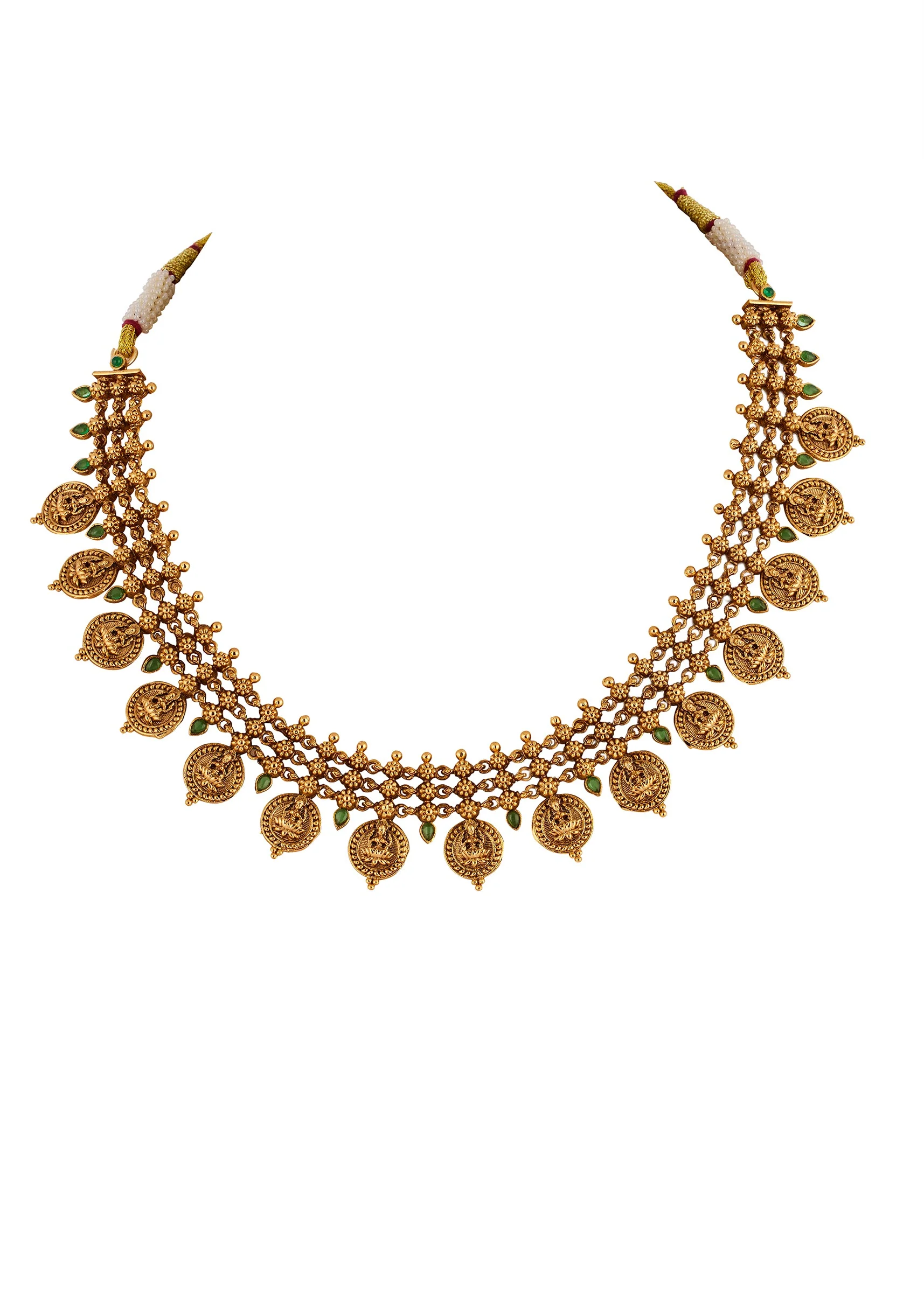Gold Finish Necklace Set With Temple Style Motifs And Green Simulated Stones - Image 3