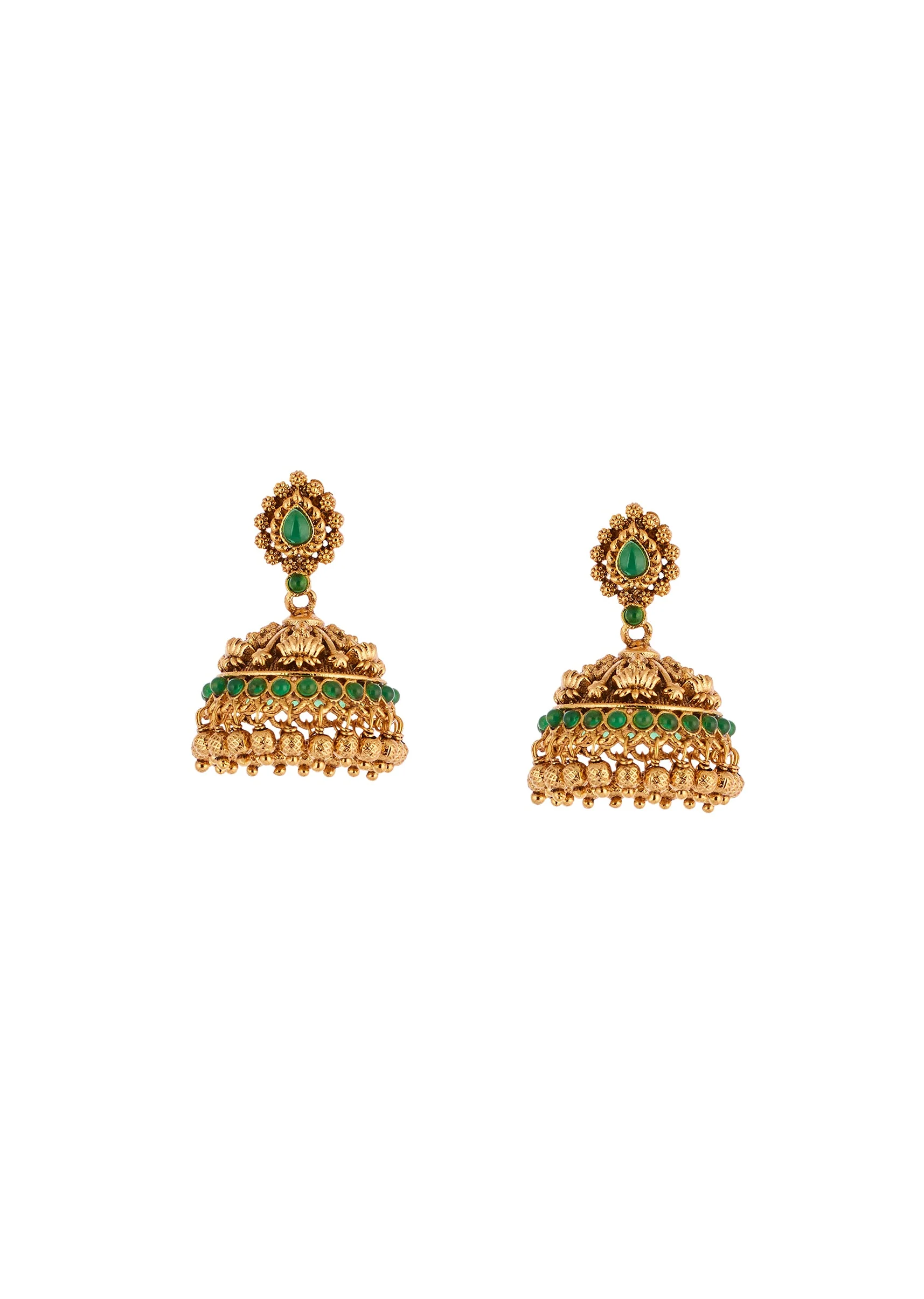 Gold Finish Necklace Set With Temple Style Motifs And Green Simulated Stones - Image 4