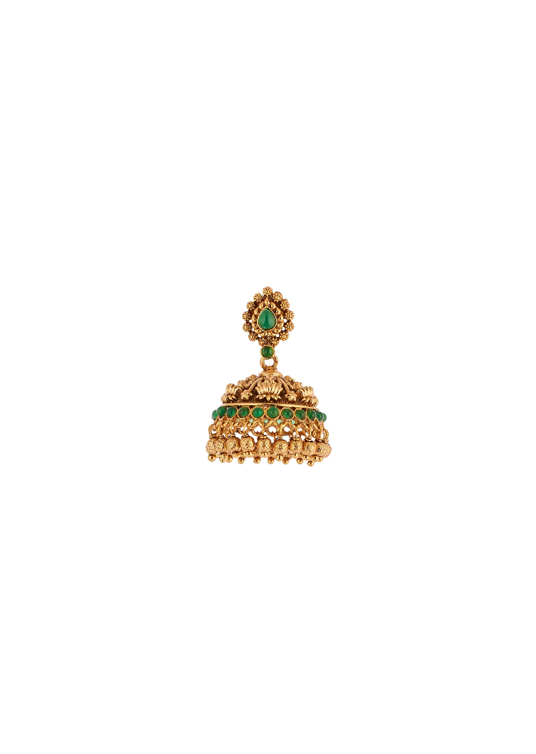 Gold Finish Necklace Set With Temple Style Motifs And Green Simulated Stones - Image 5