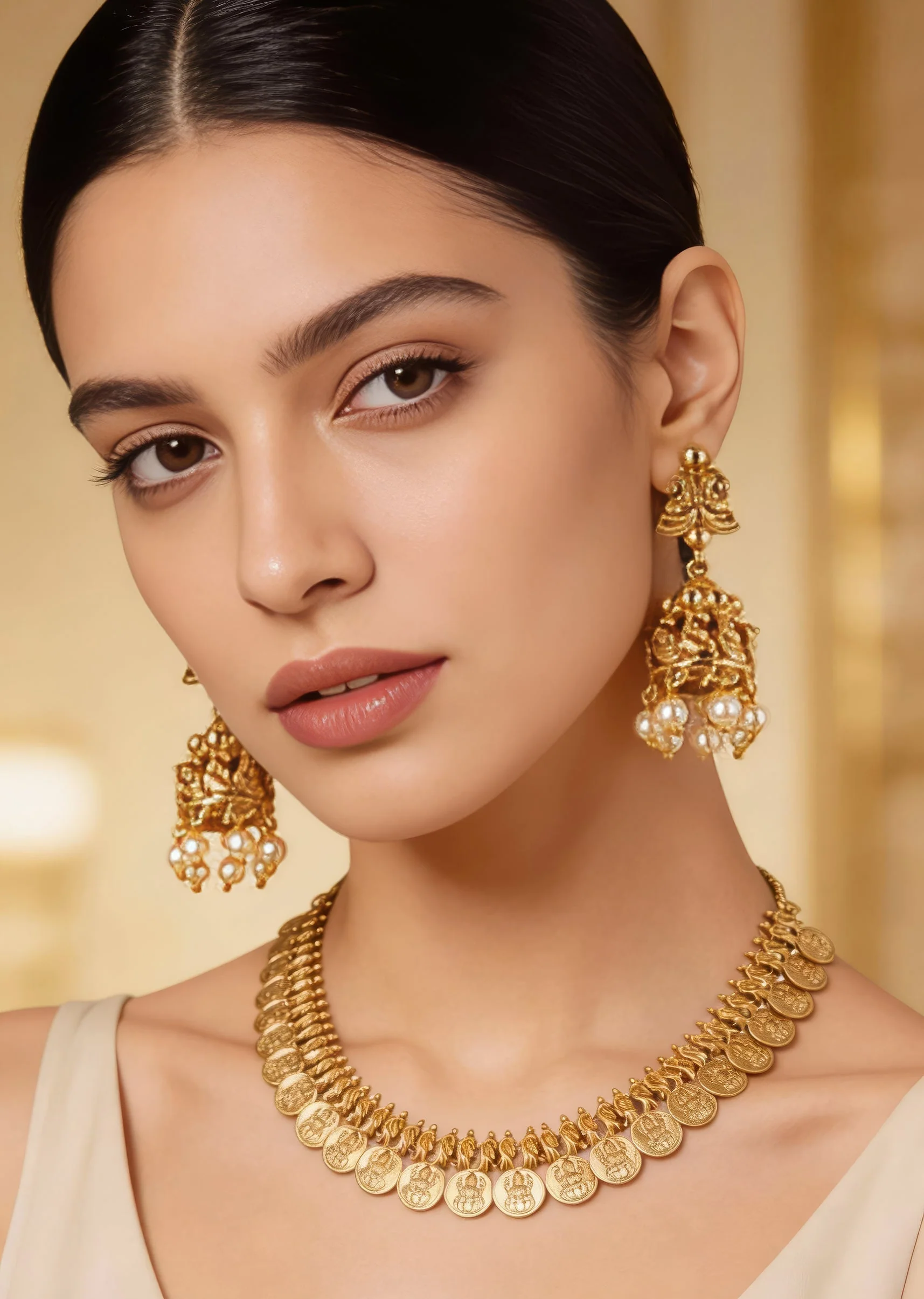 Gold Finish Necklace Set With Temple Style Motifs And Off White Simulated Stones