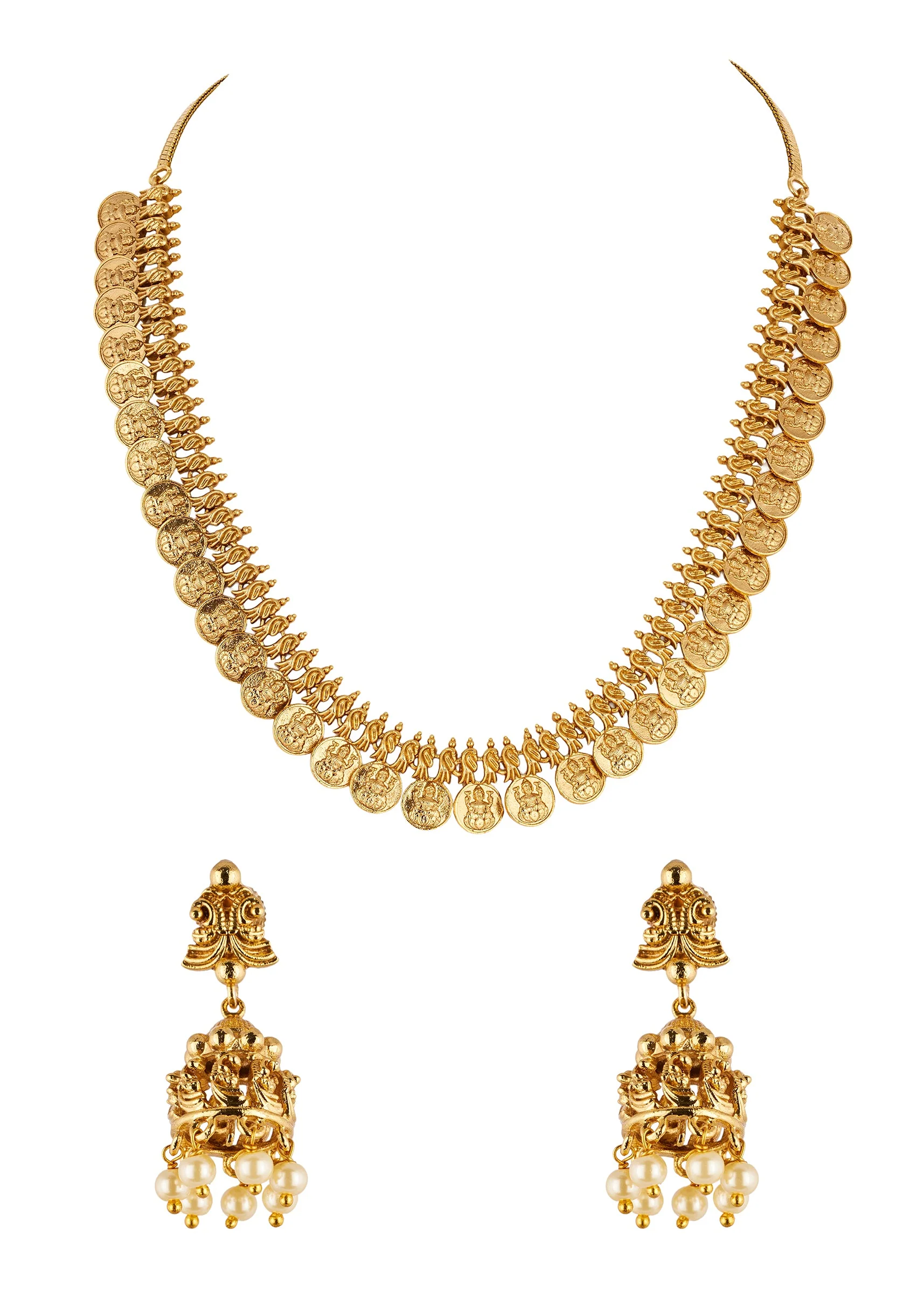 Gold Finish Necklace Set With Temple Style Motifs And Off White Simulated Stones - Image 2