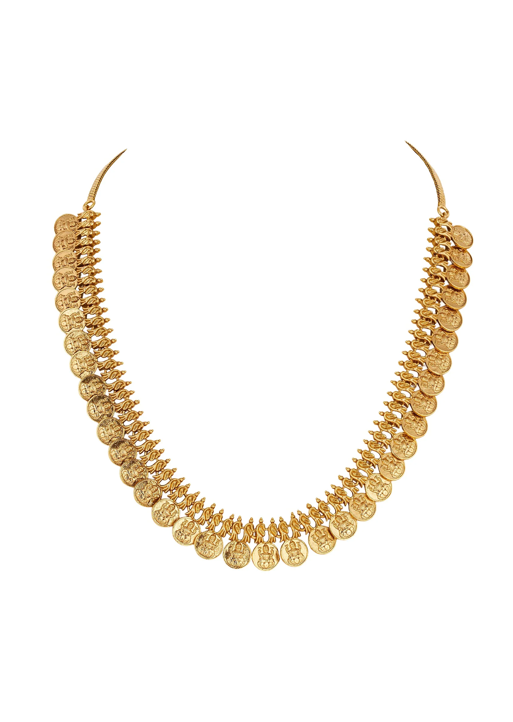 Gold Finish Necklace Set With Temple Style Motifs And Off White Simulated Stones - Image 3