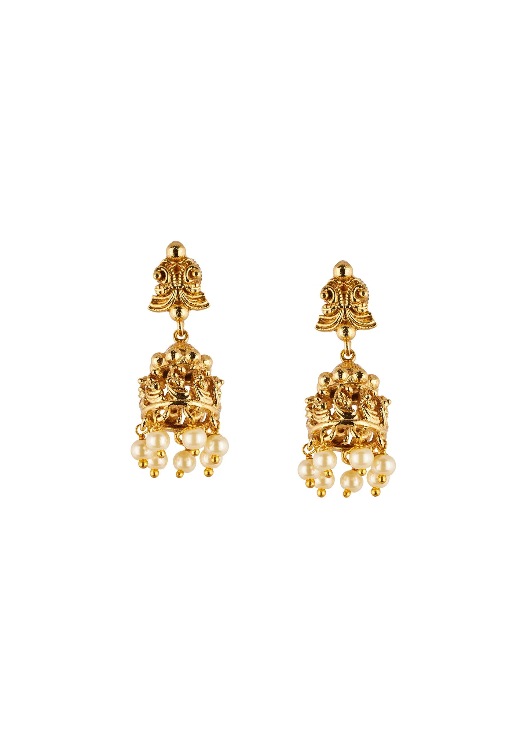 Gold Finish Necklace Set With Temple Style Motifs And Off White Simulated Stones - Image 4