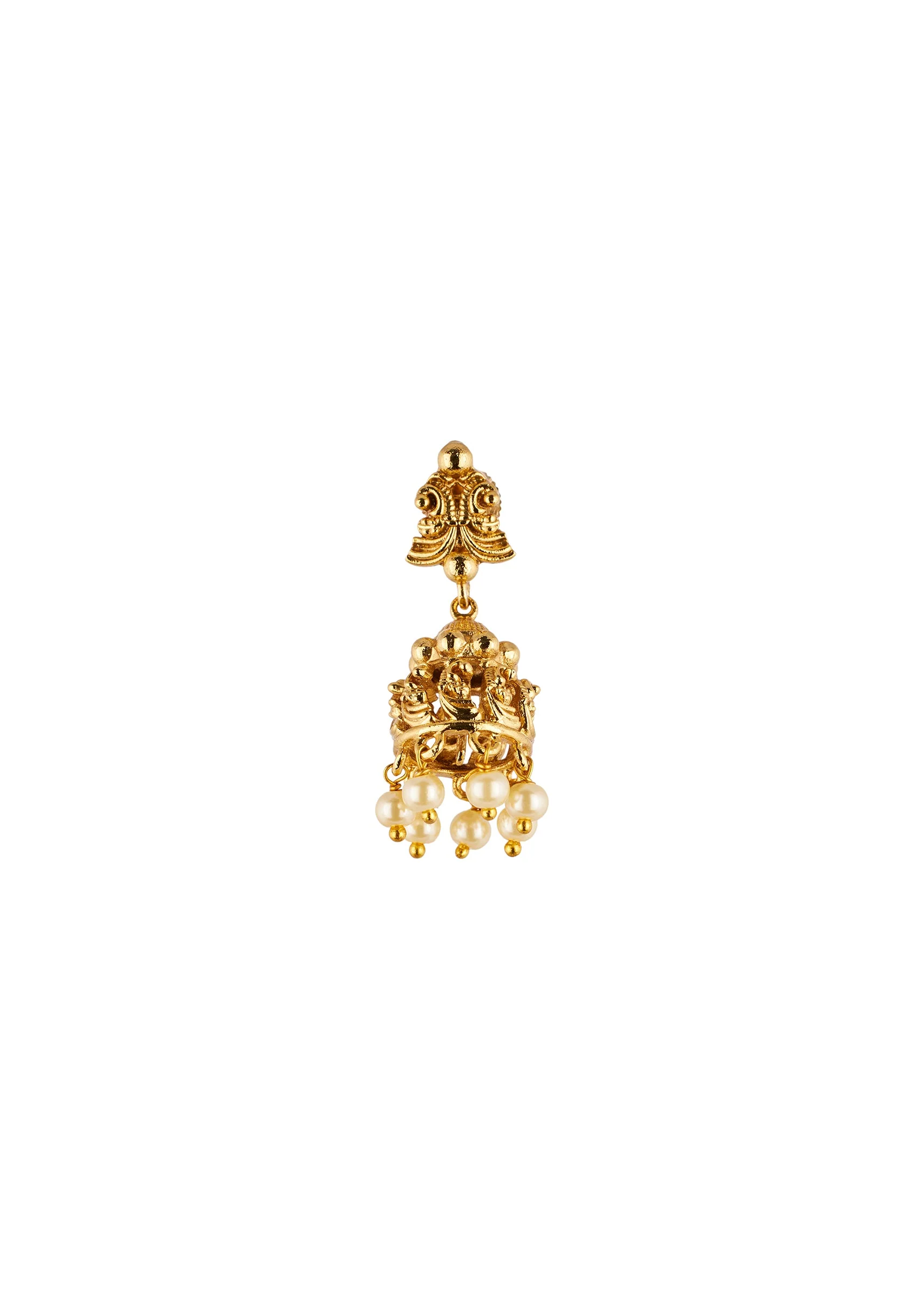 Gold Finish Necklace Set With Temple Style Motifs And Off White Simulated Stones - Image 5